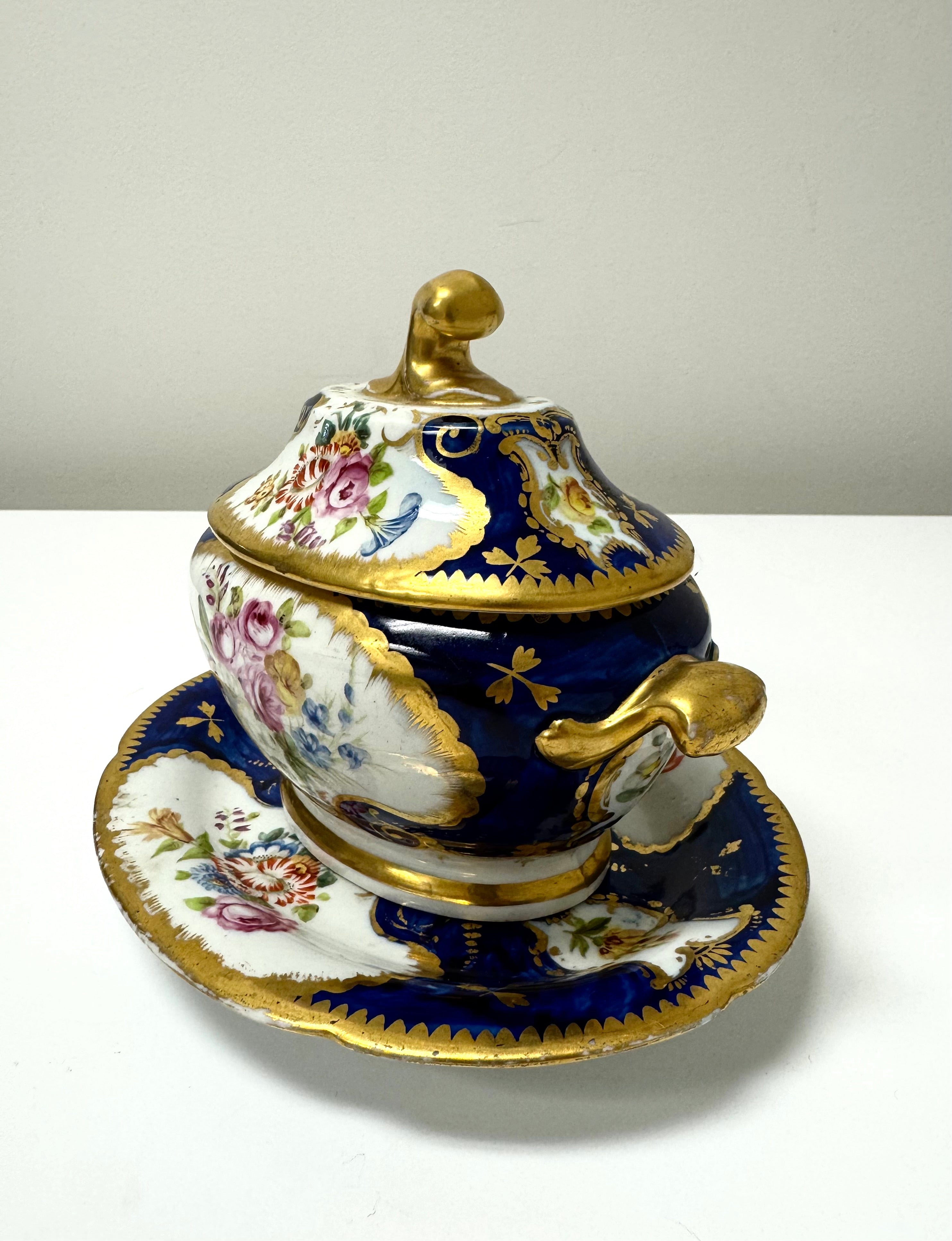 Antique Deep Cobalt Floral Gilt Ecuelle