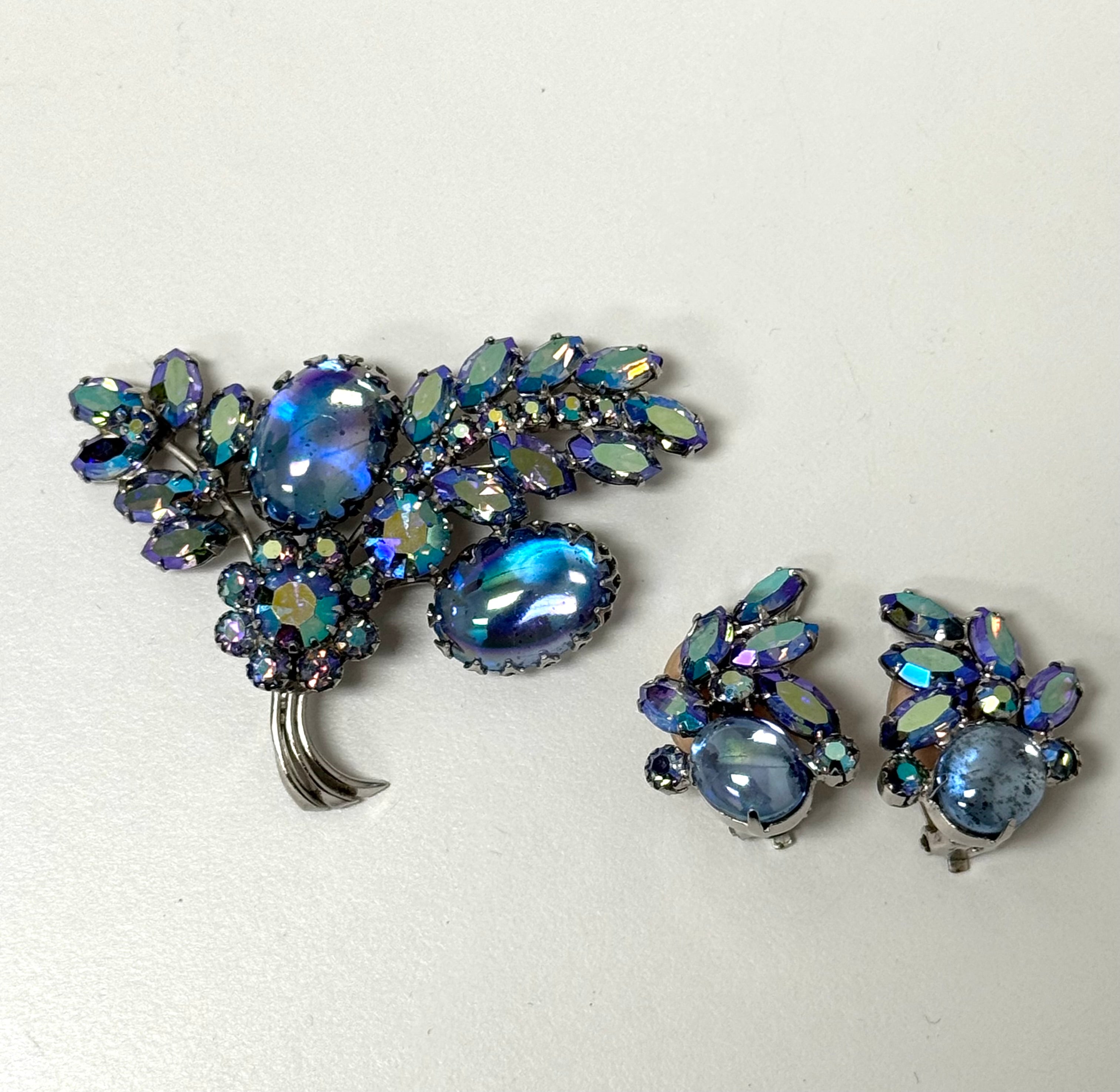 CONTINENTAL Blue Aurora Borealis Brooch & Clips Set