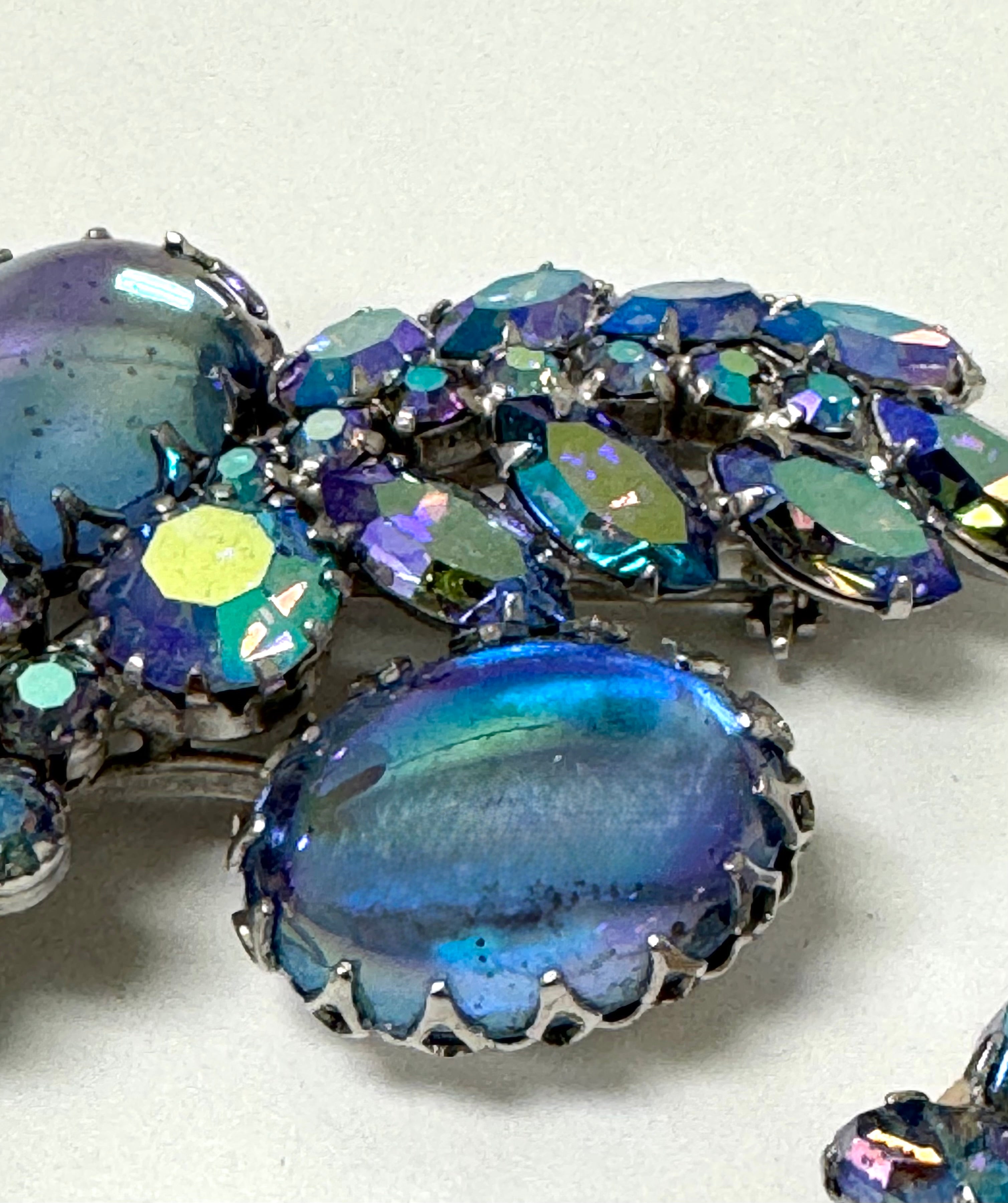 CONTINENTAL Blue Aurora Borealis Brooch & Clips Set