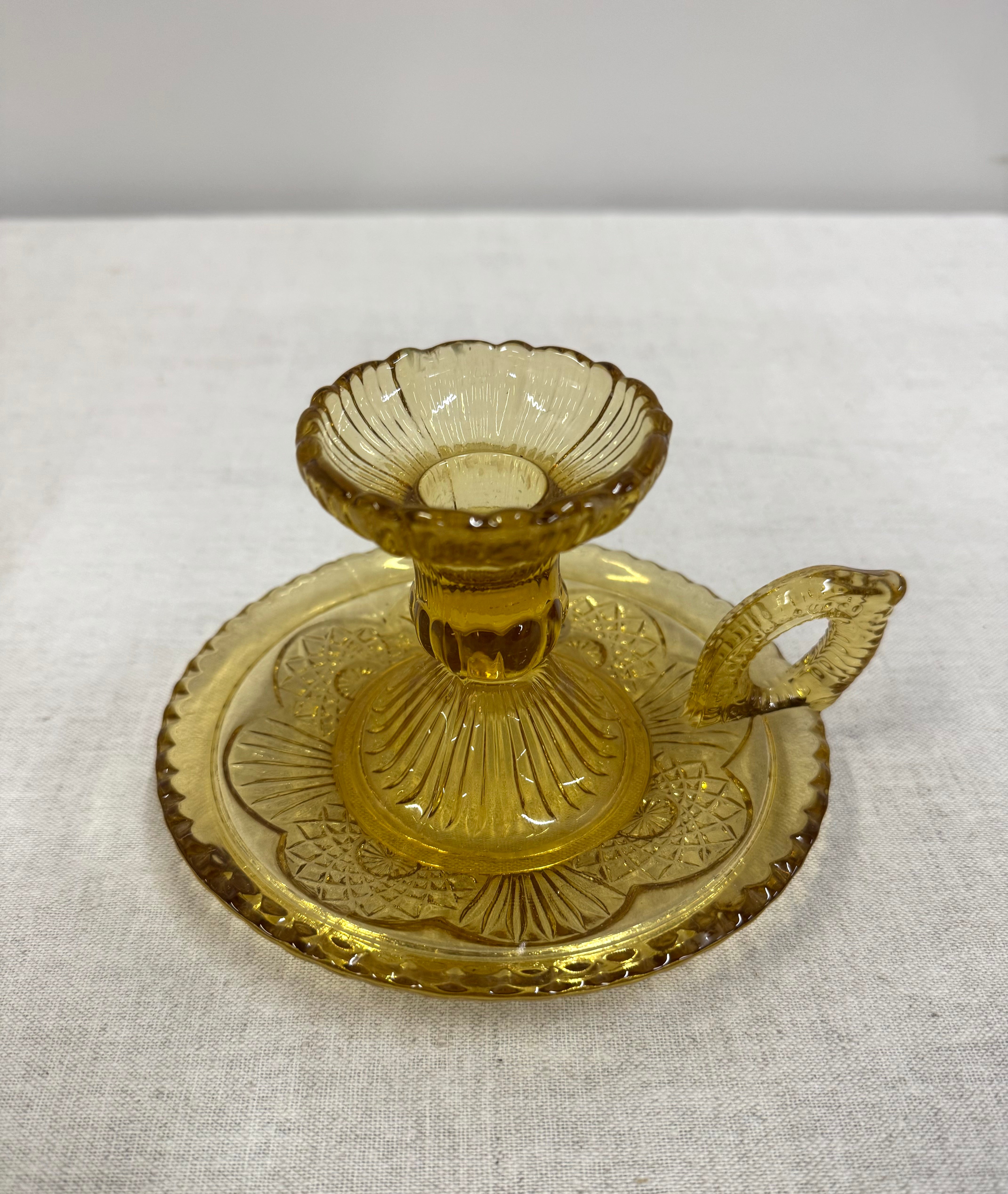 Vintage Amber Pressed Glass Chamberstick Candle Holder