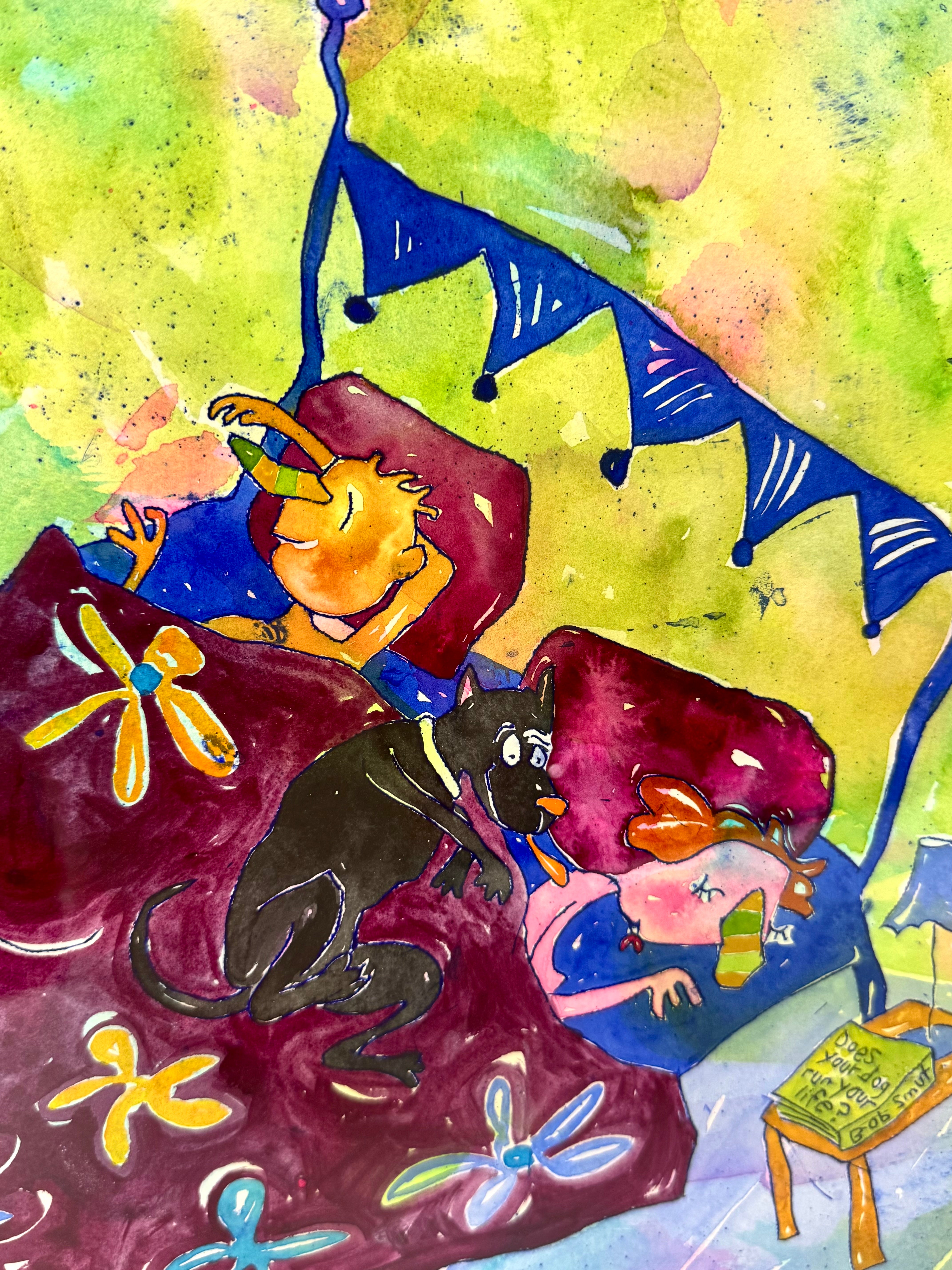 'Sure My Dog Sleeps In Its Basket' Watercolour Print