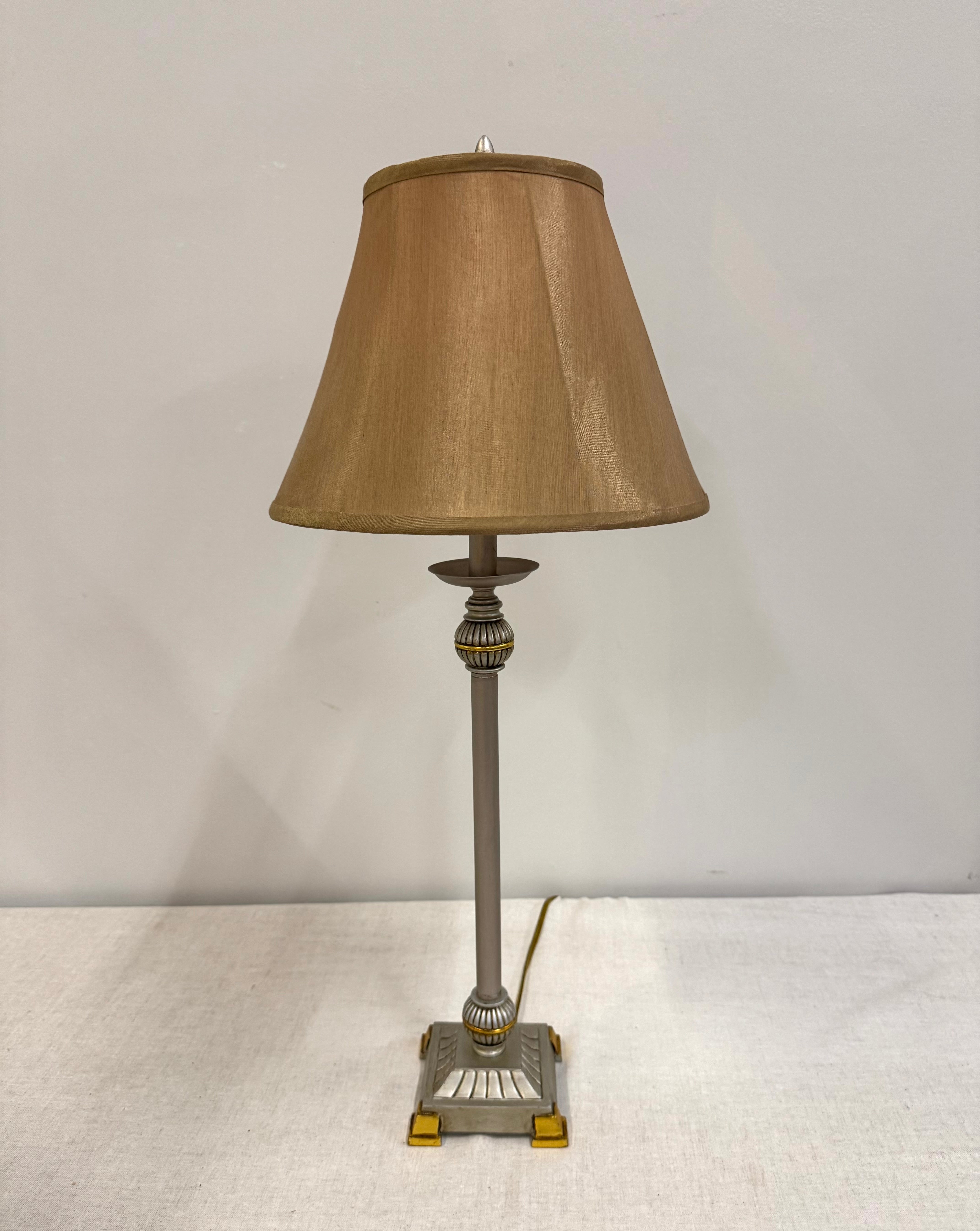 Matte Silver Lamp with Gold Silk Shade