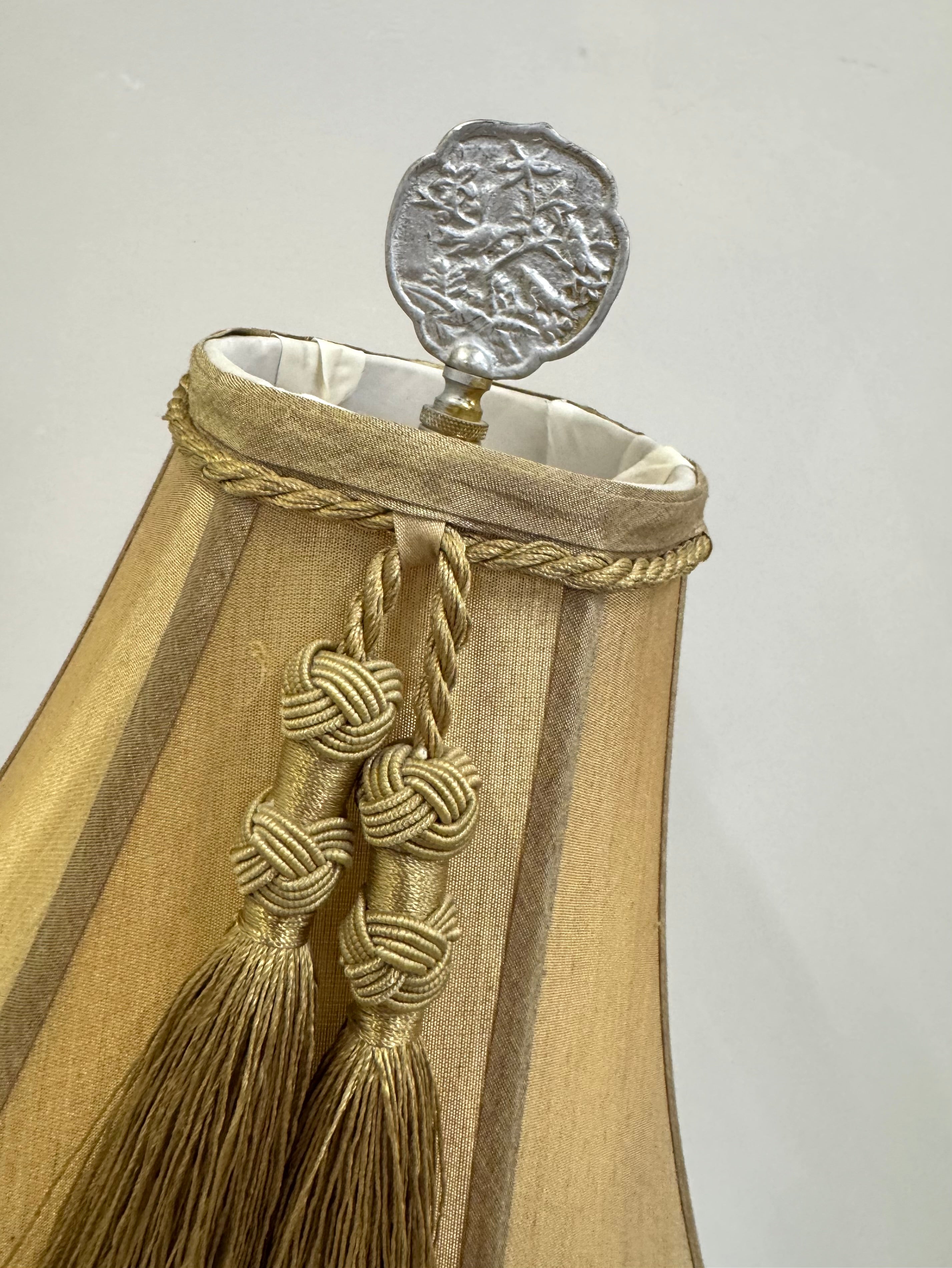 Matte Silver Lamp with Gold Silk Shade & Tassel