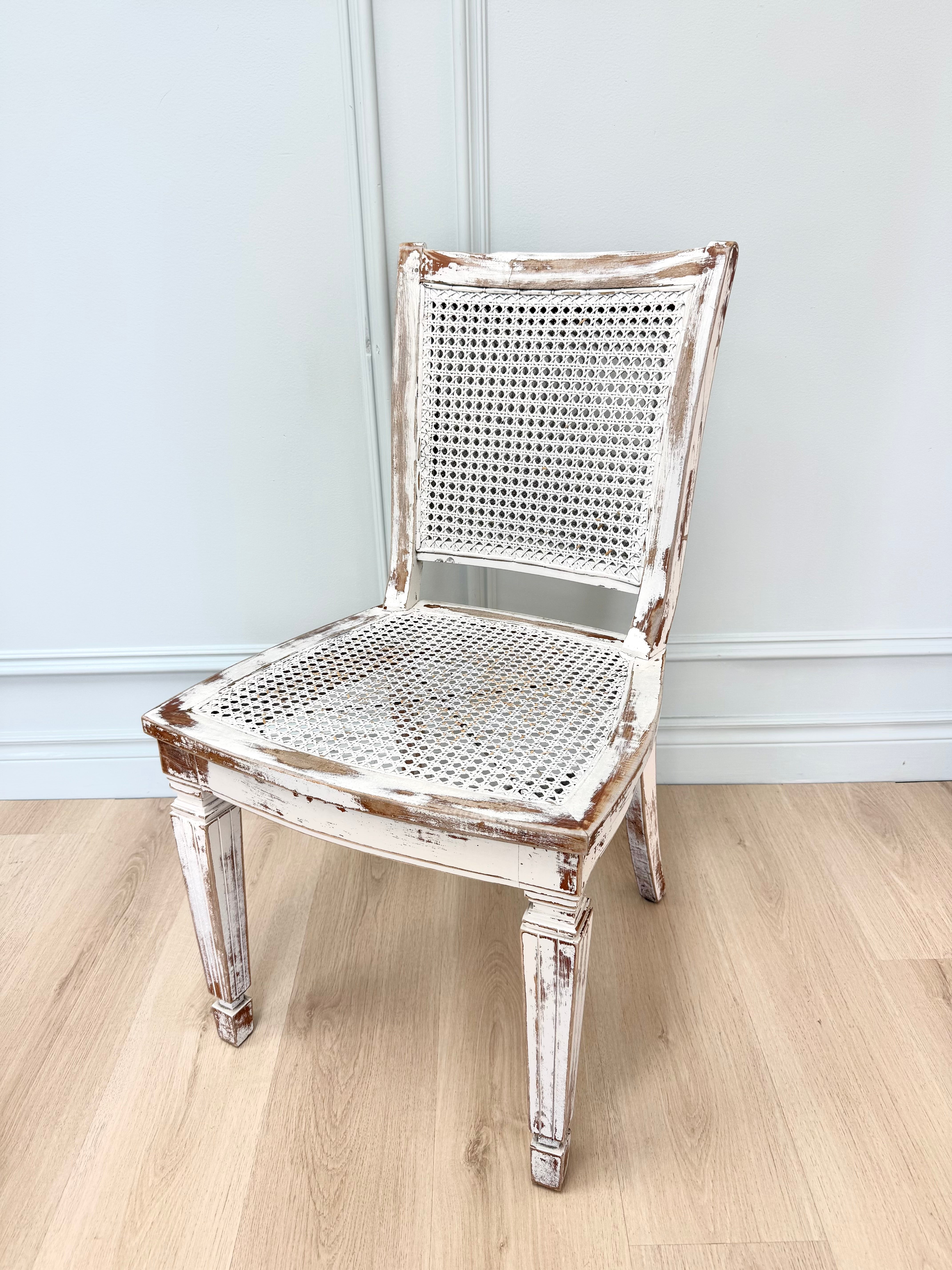 French Vintage Distressed White Cane Chair