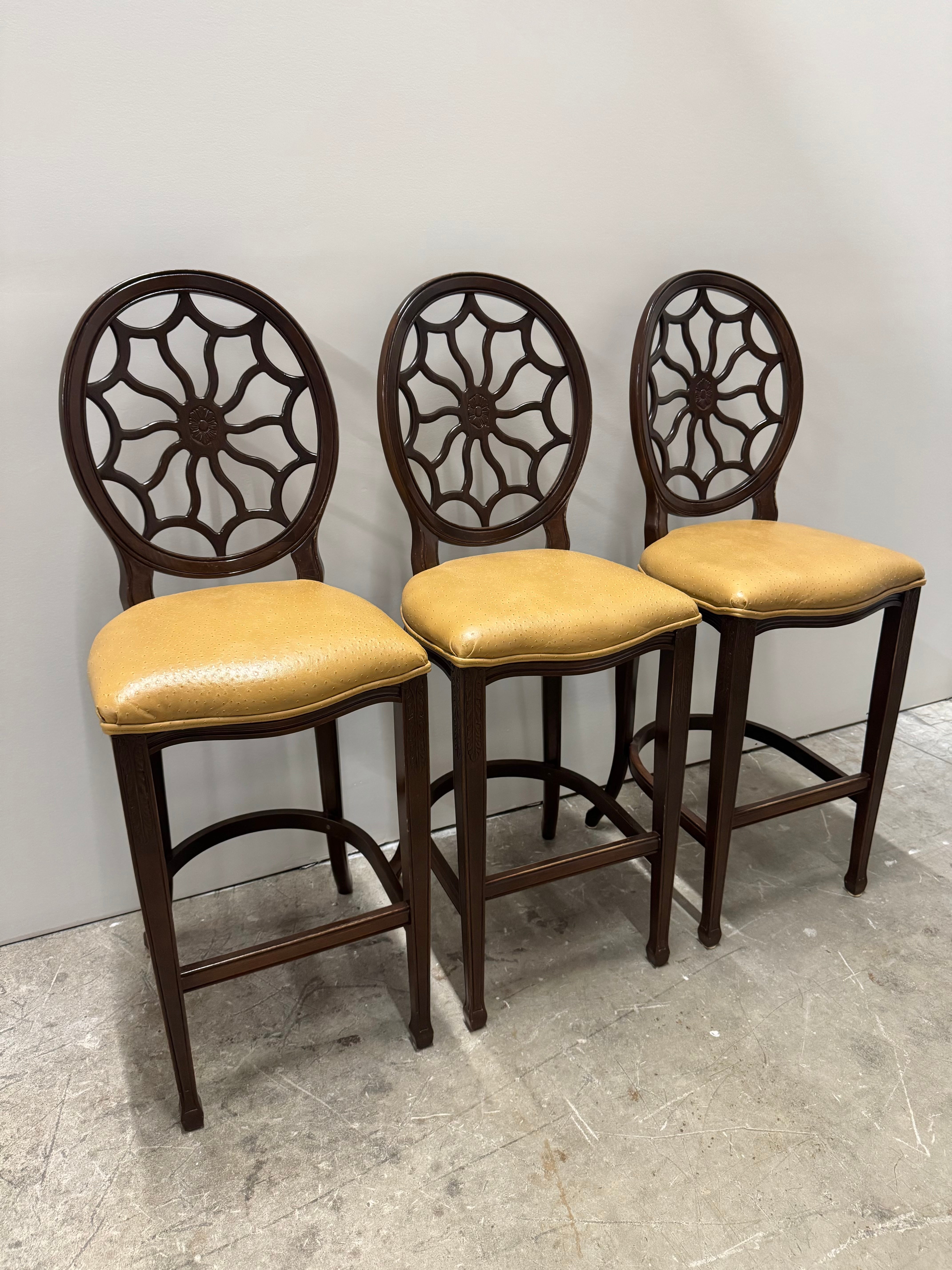 Tan Ostrich Leather Spider Back Bar Stools Set of 3
