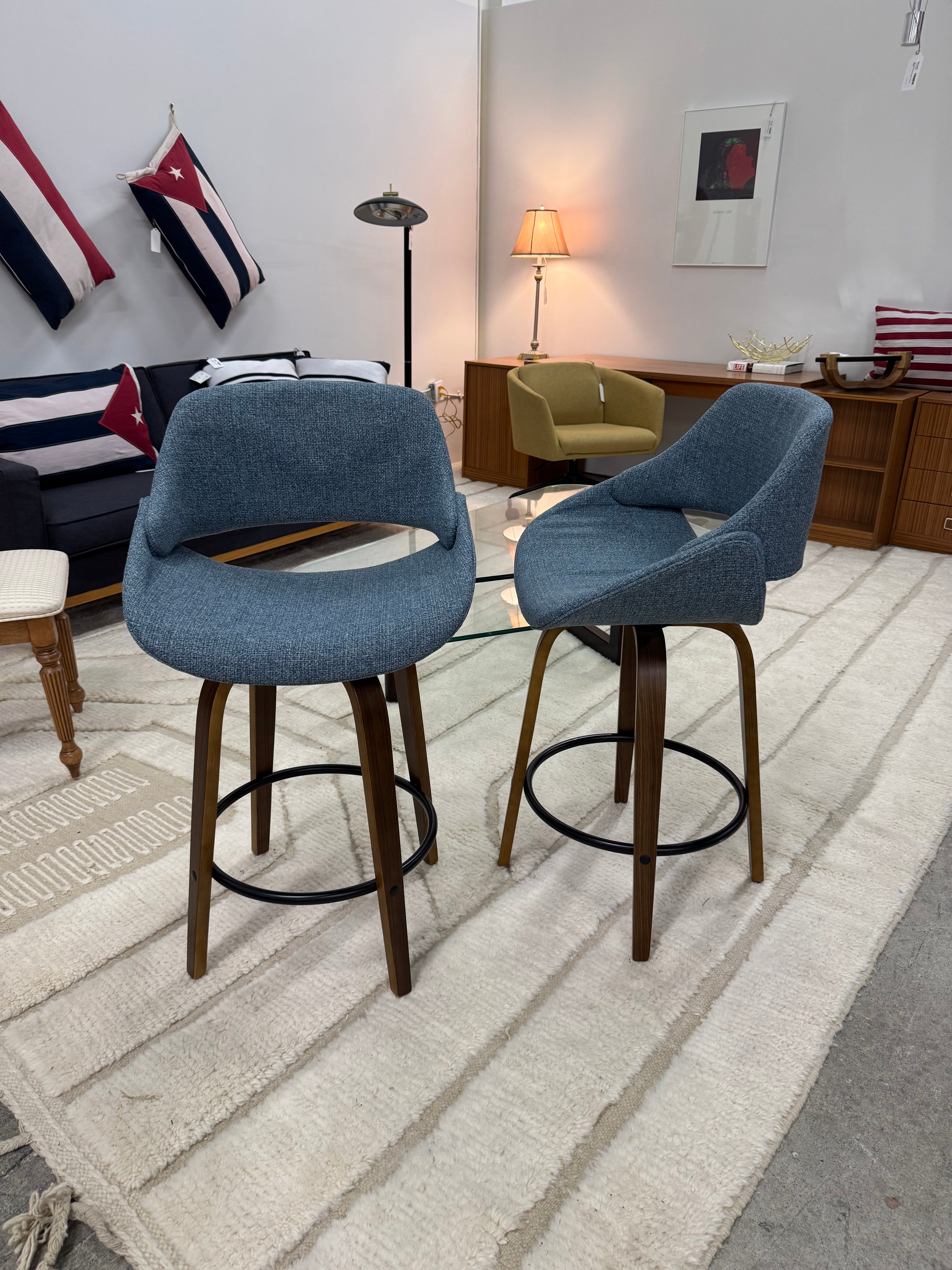 MCM Style French Blue Tweed Counter Stools Set of 2