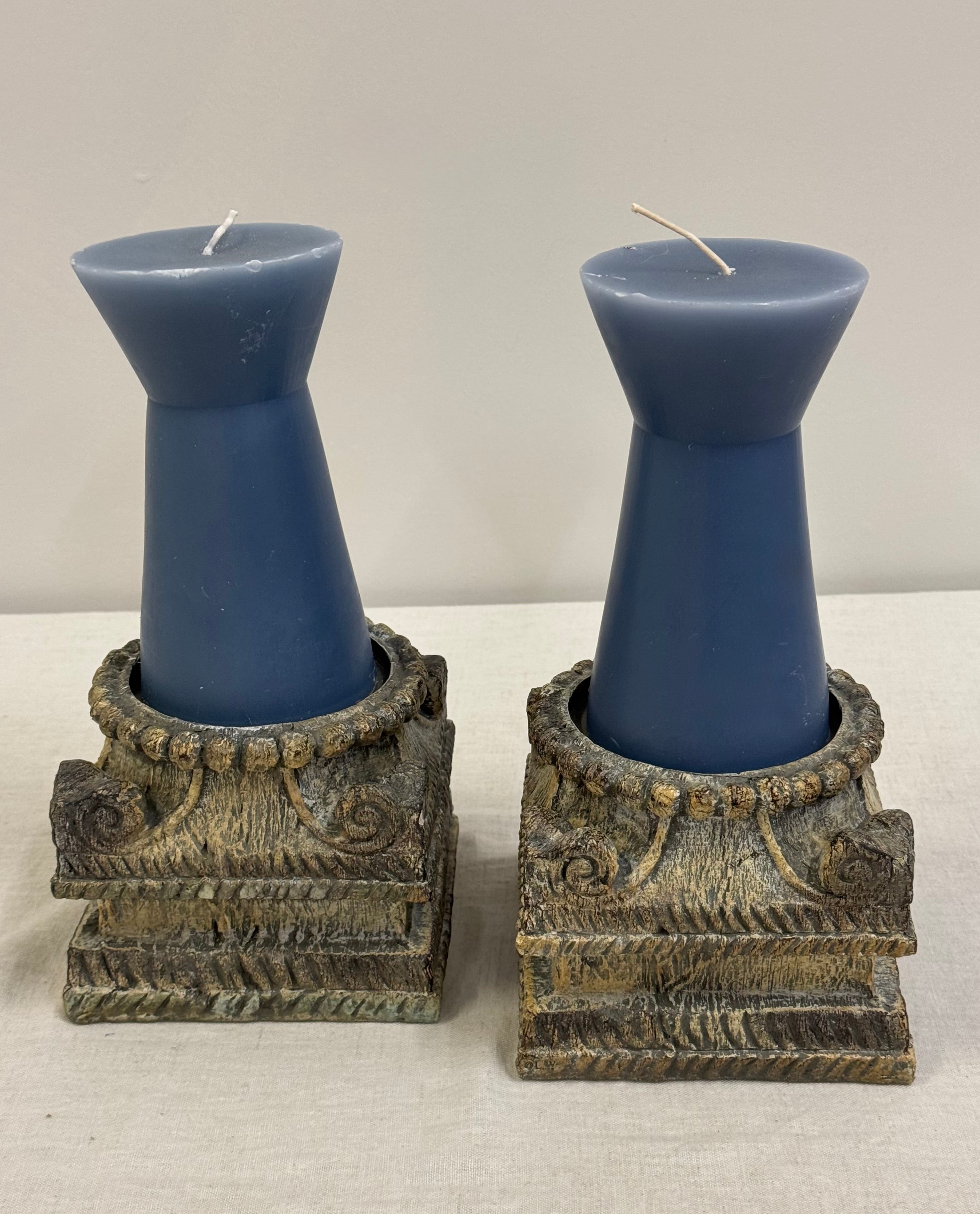 Distressed Gray Resin Candle Holders & Candles Set of 2