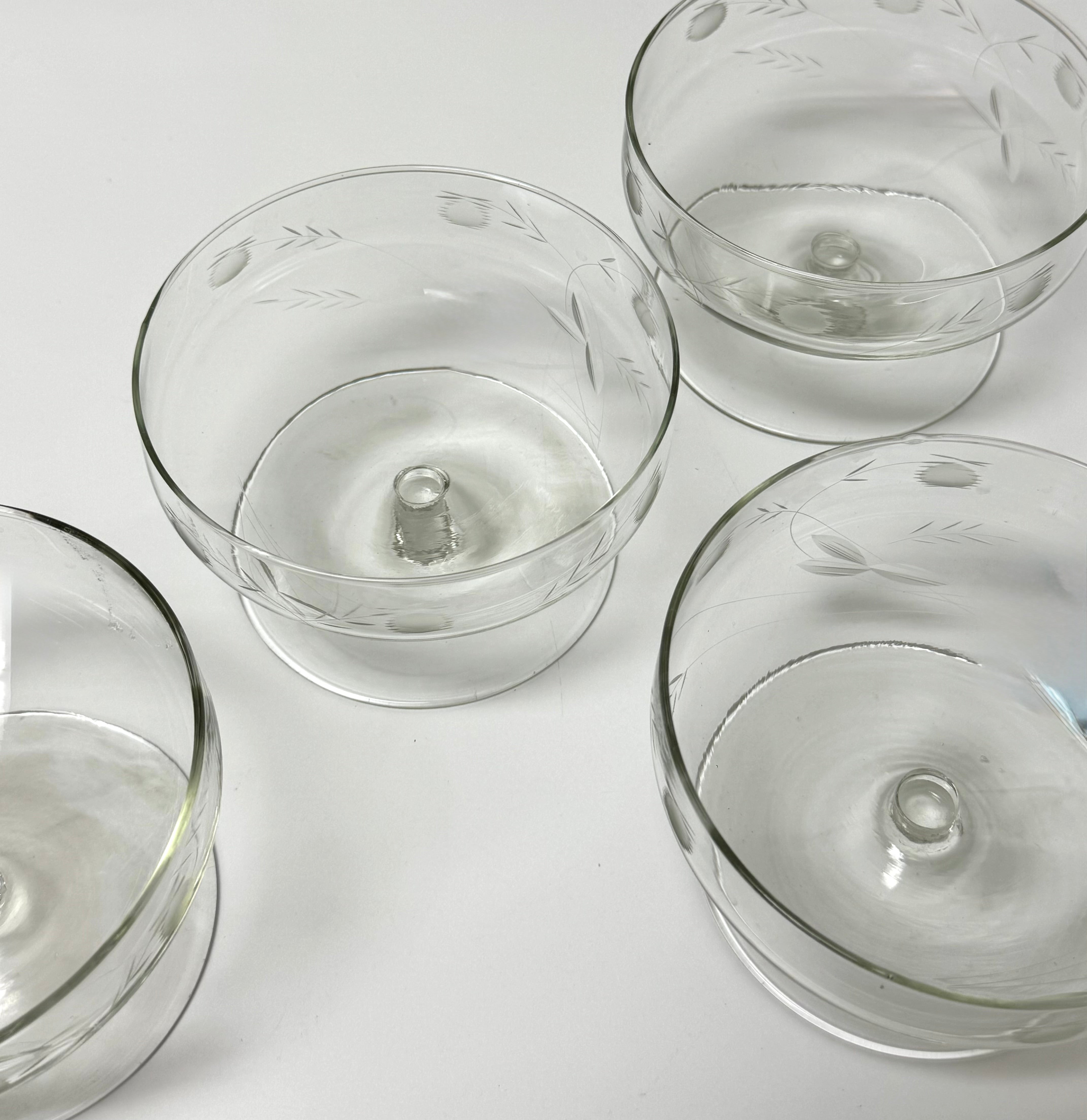 Vintage Etched Glass Stemmed Dessert Coupes Set of 4