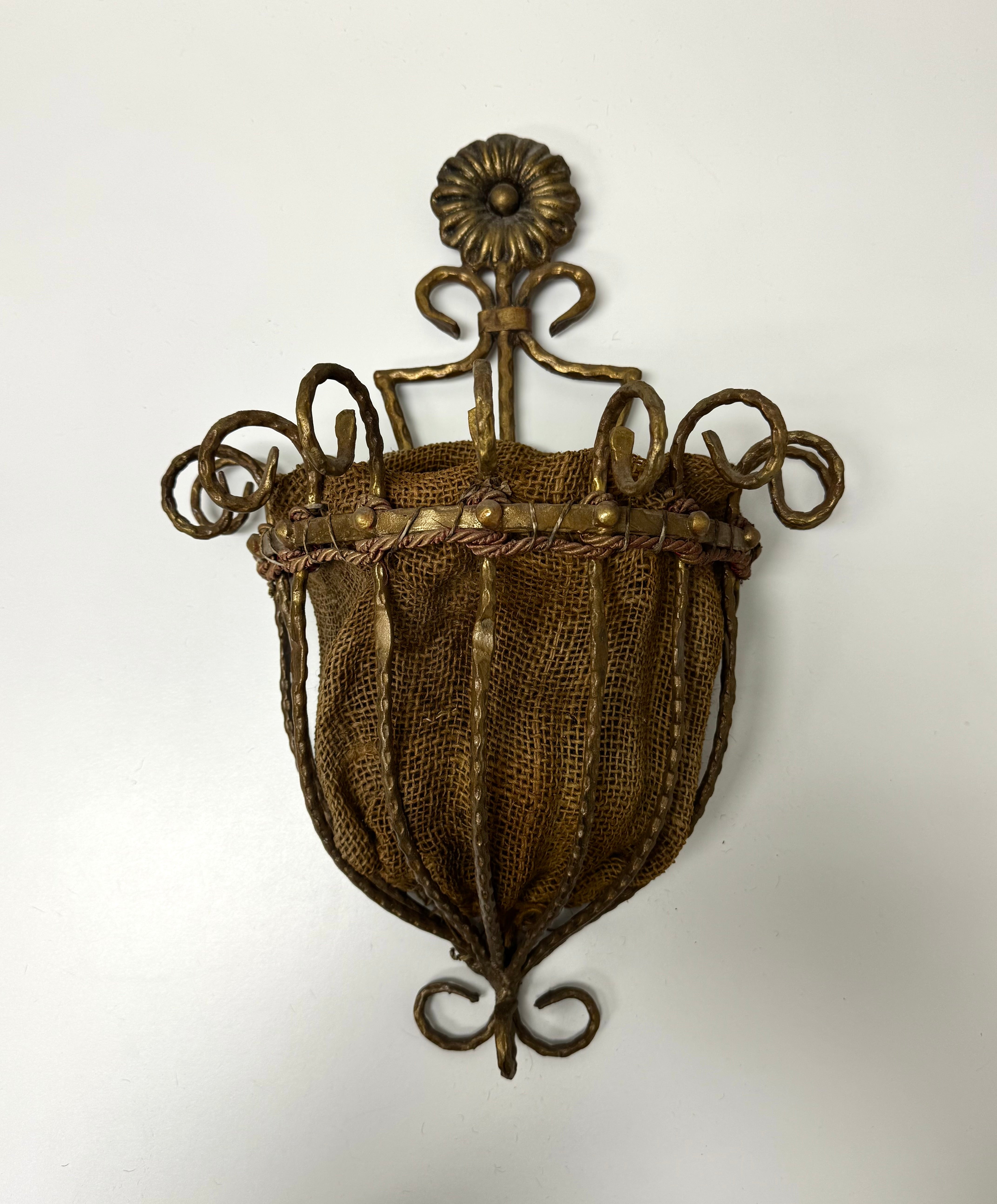 Aged Gold Metal Wall Planter with Burlap Lining