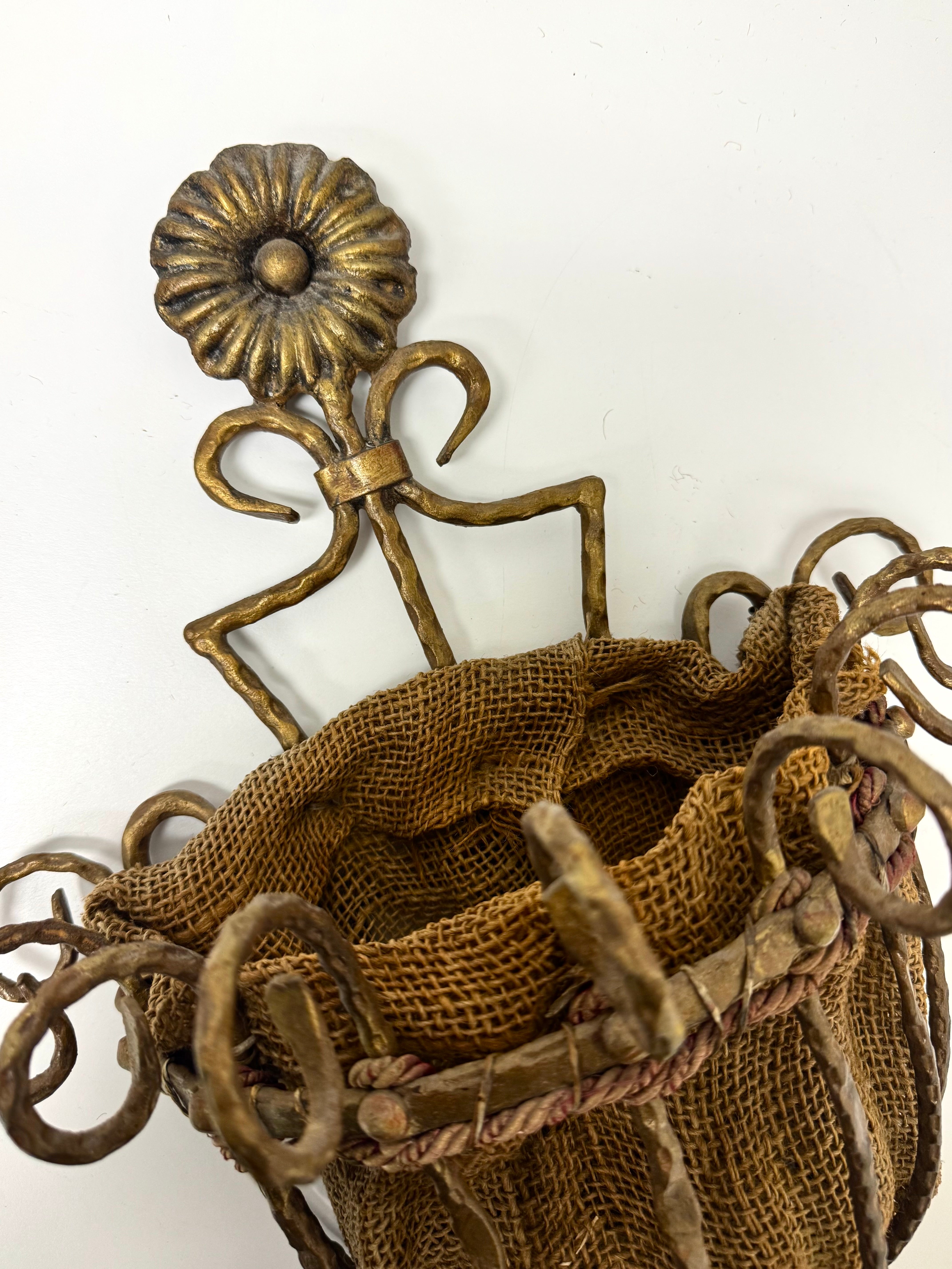 Aged Gold Metal Wall Planter with Burlap Lining
