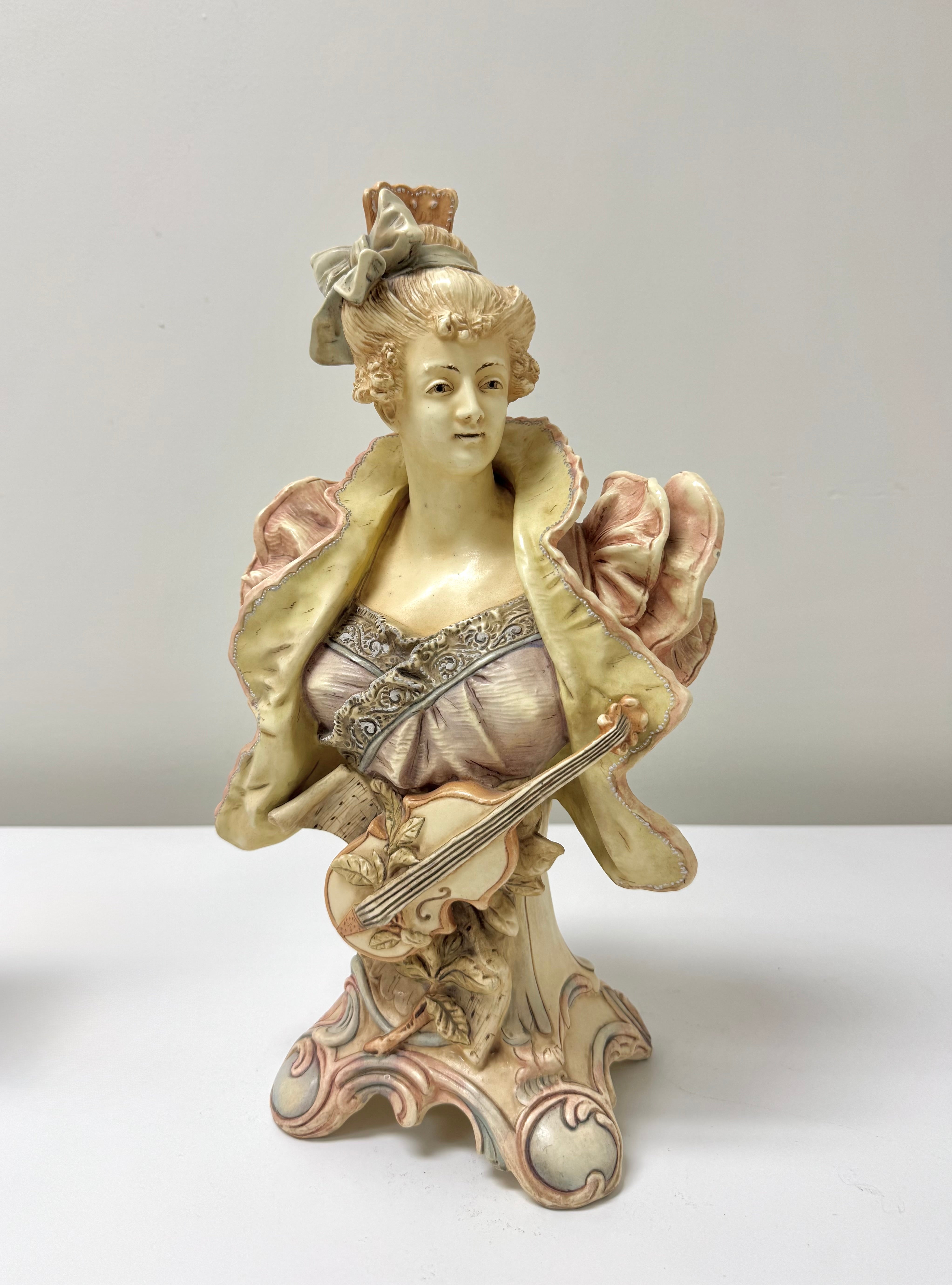 Antique 'Lady with Violin' Majolica Bust
