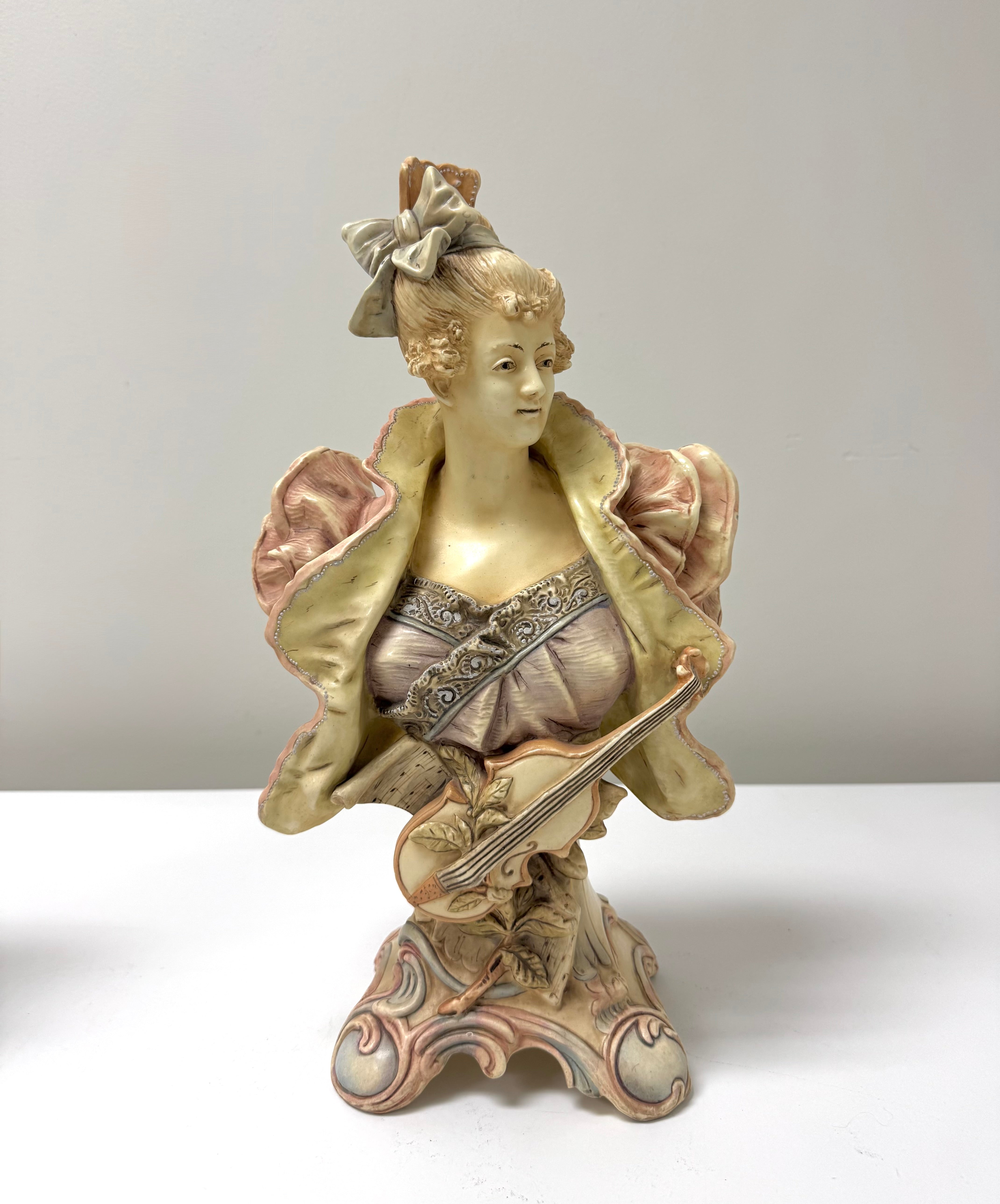 Antique 'Lady with Violin' Majolica Bust