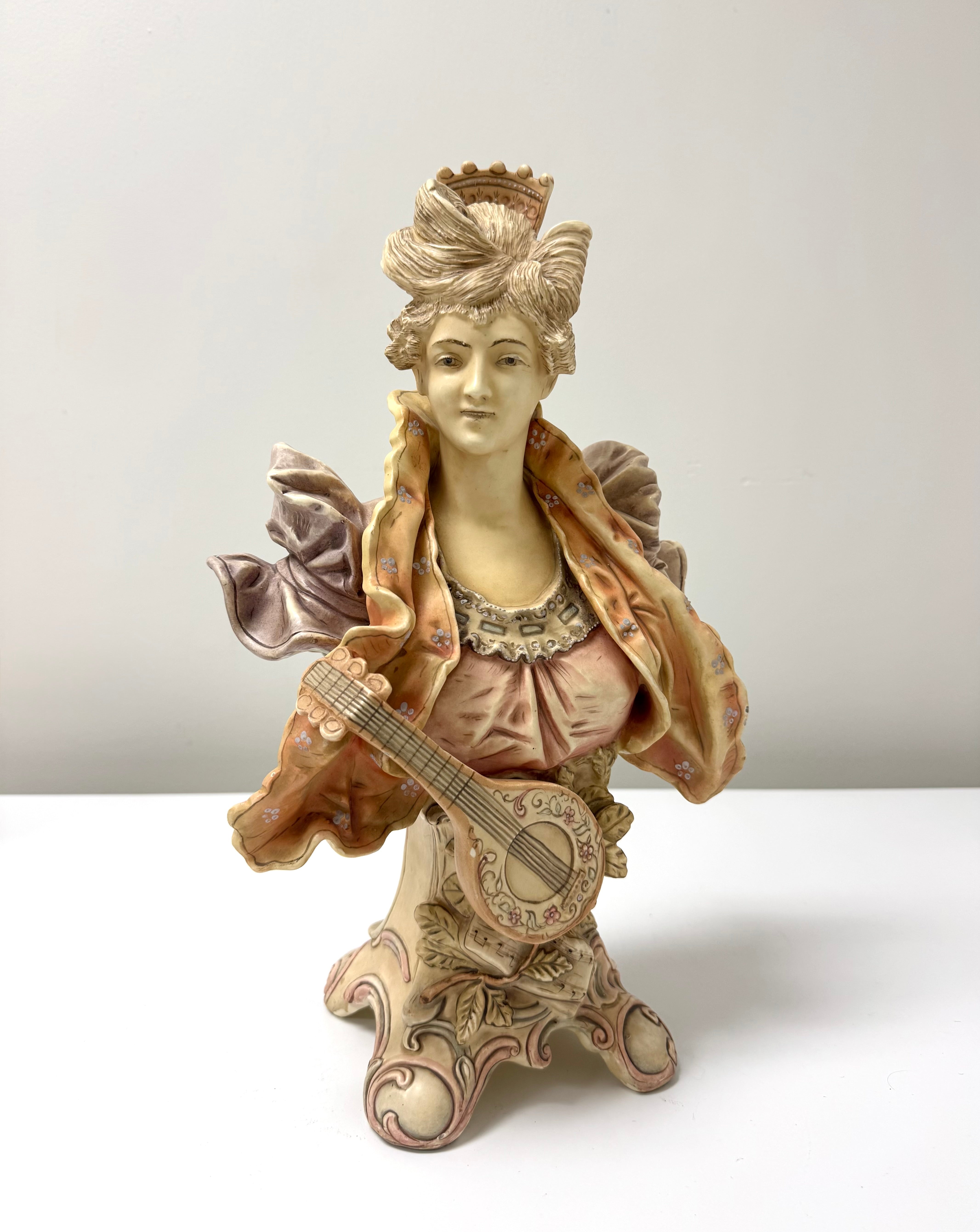 Antique 'Lady with Mandolin' Majolica Bust