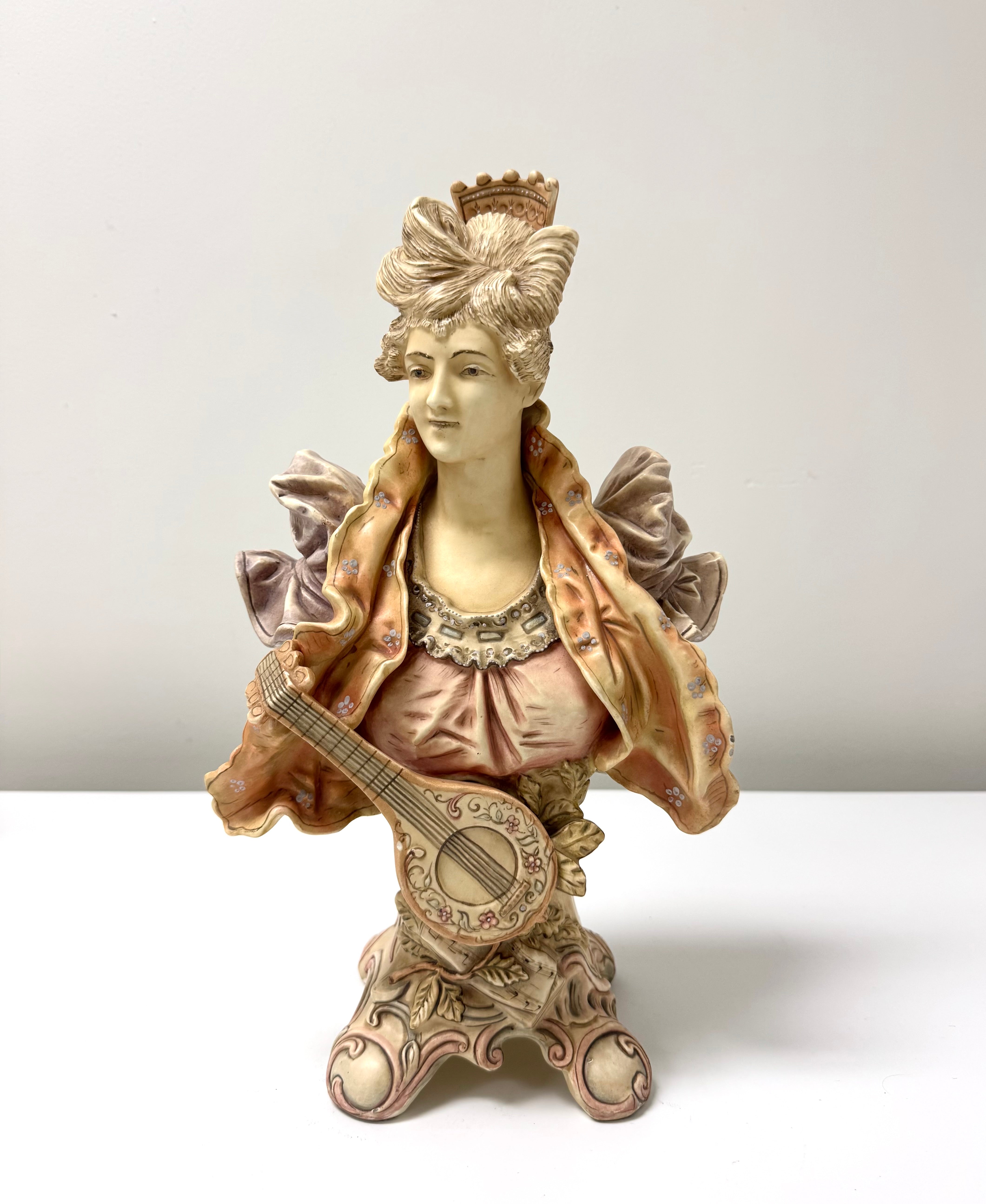Antique 'Lady with Mandolin' Majolica Bust