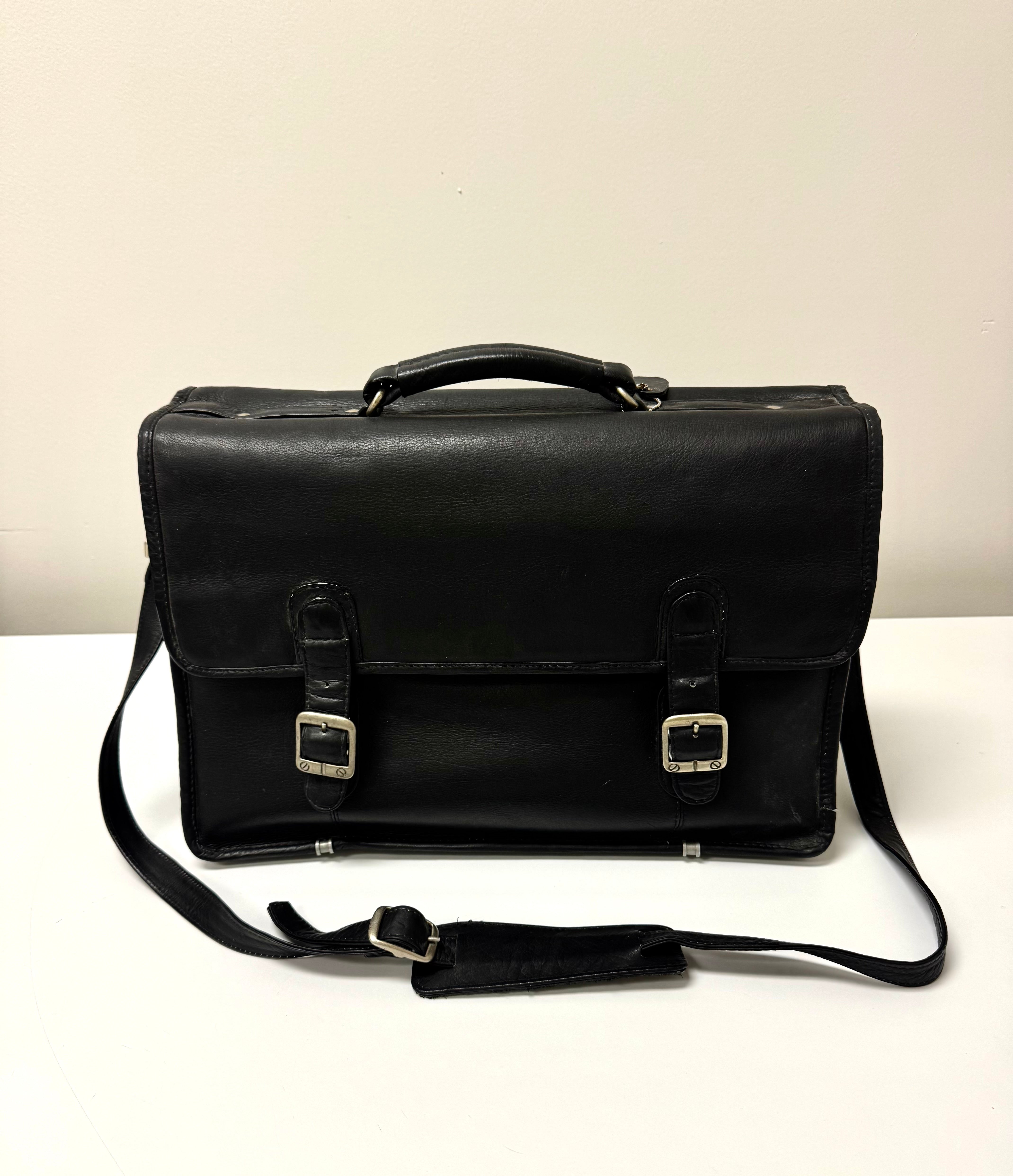 Vintage QUEROS Black Leather Laptop Briefcase