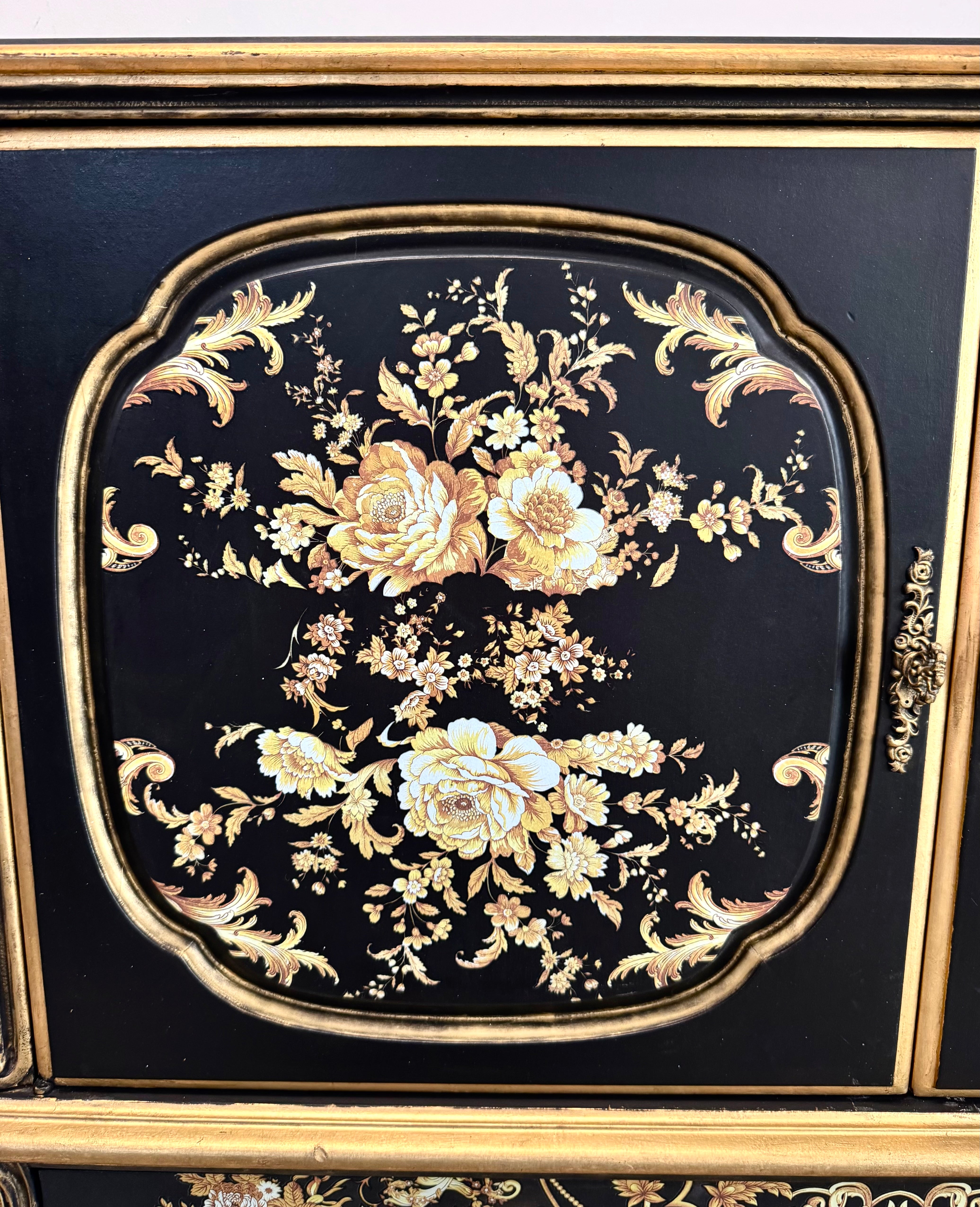Black & Gold Chinoiserie Floral Bombe Chest
