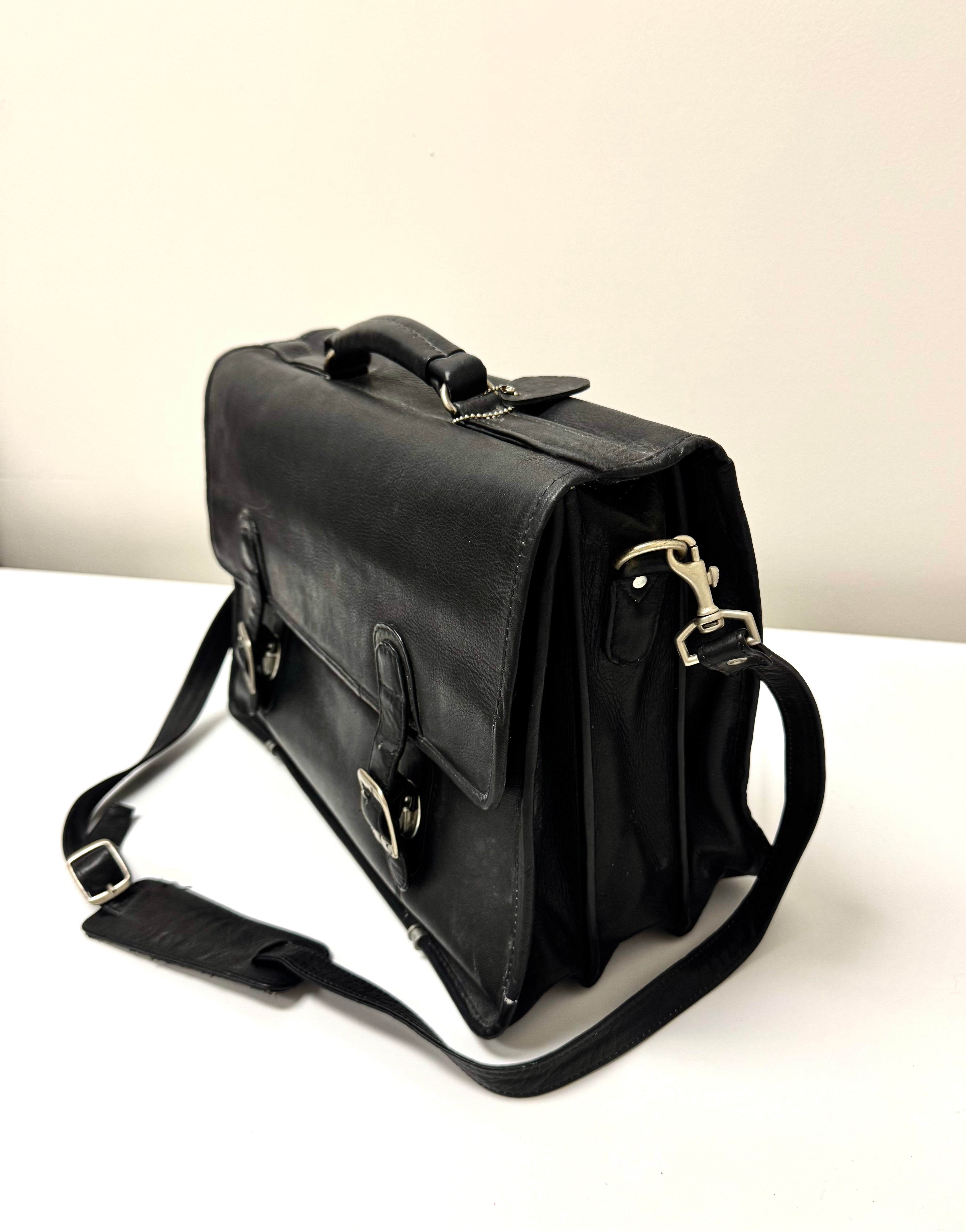 Vintage QUEROS Black Leather Laptop Briefcase