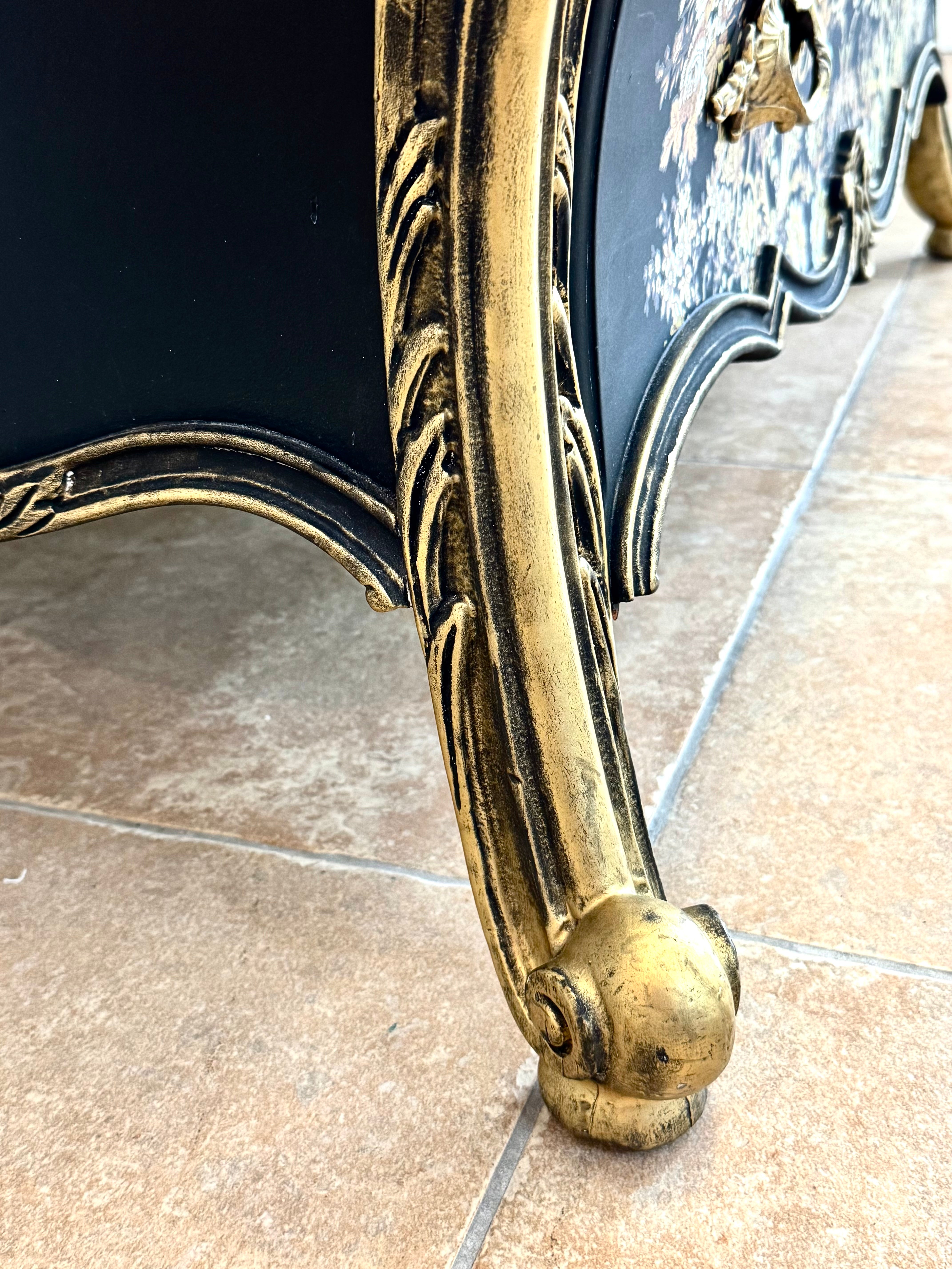 Black & Gold Chinoiserie Floral Bombe Chest