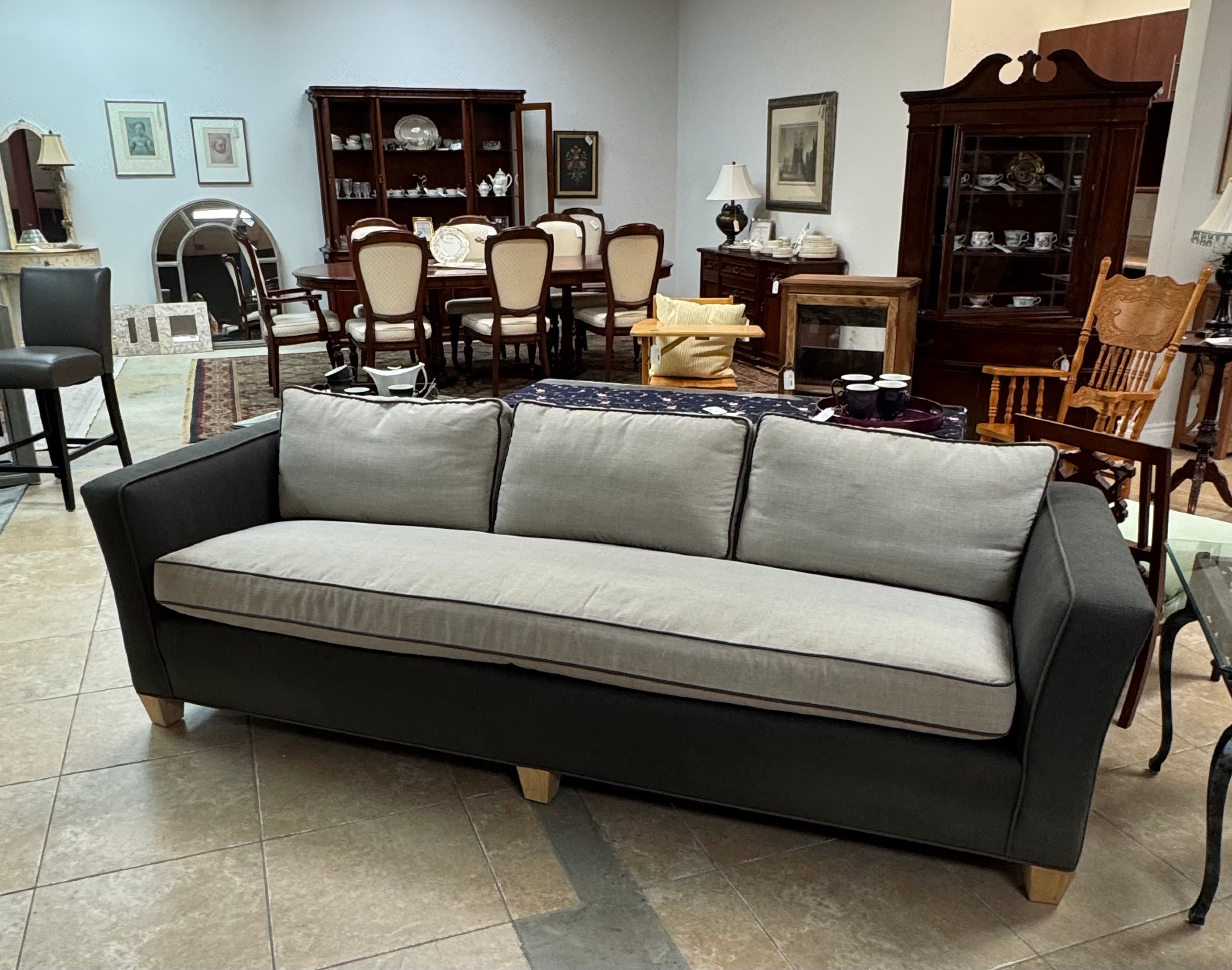 Gray Herringbone & Natural Linen 94" Sofa