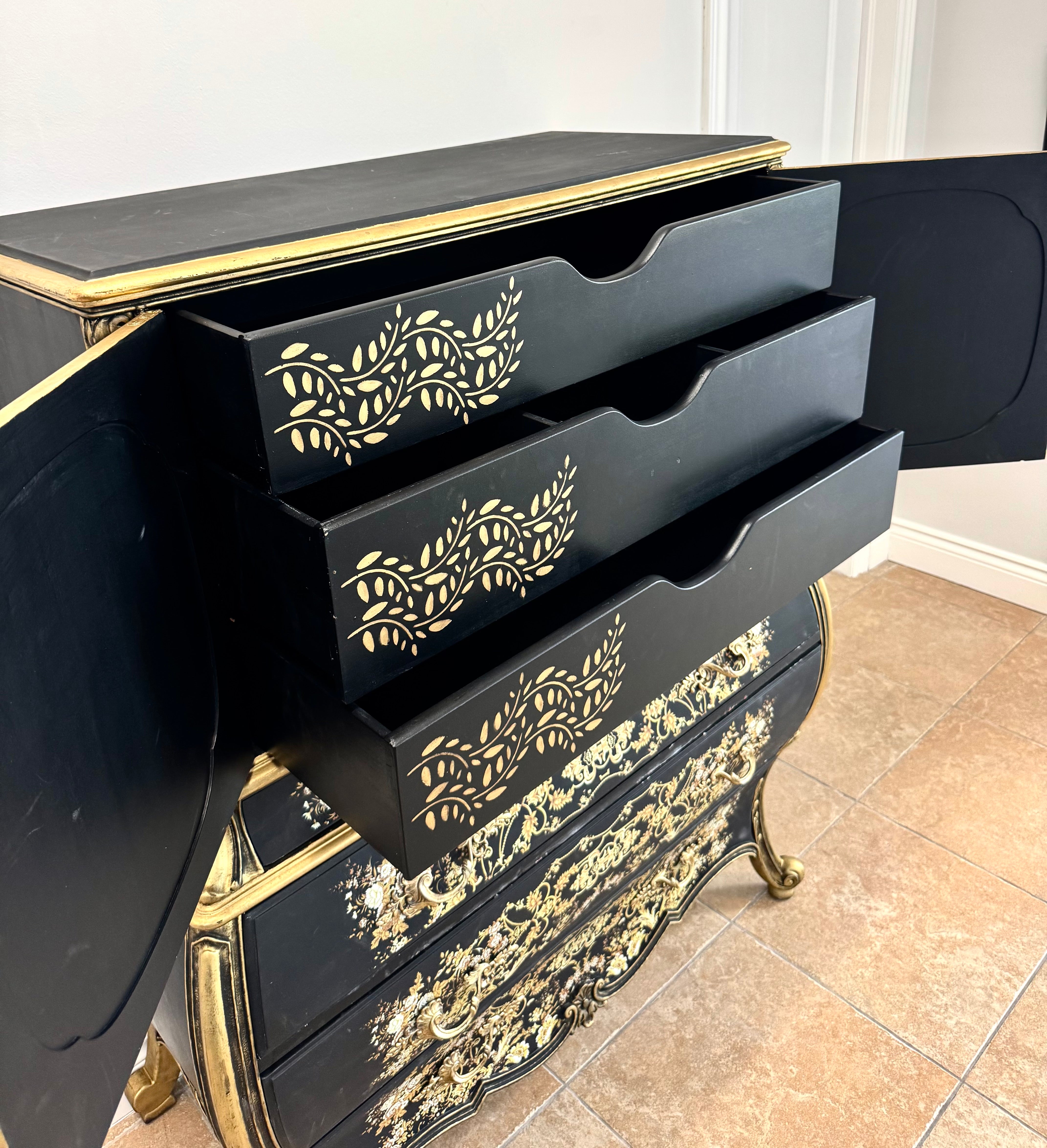 Black & Gold Chinoiserie Floral Bombe Chest