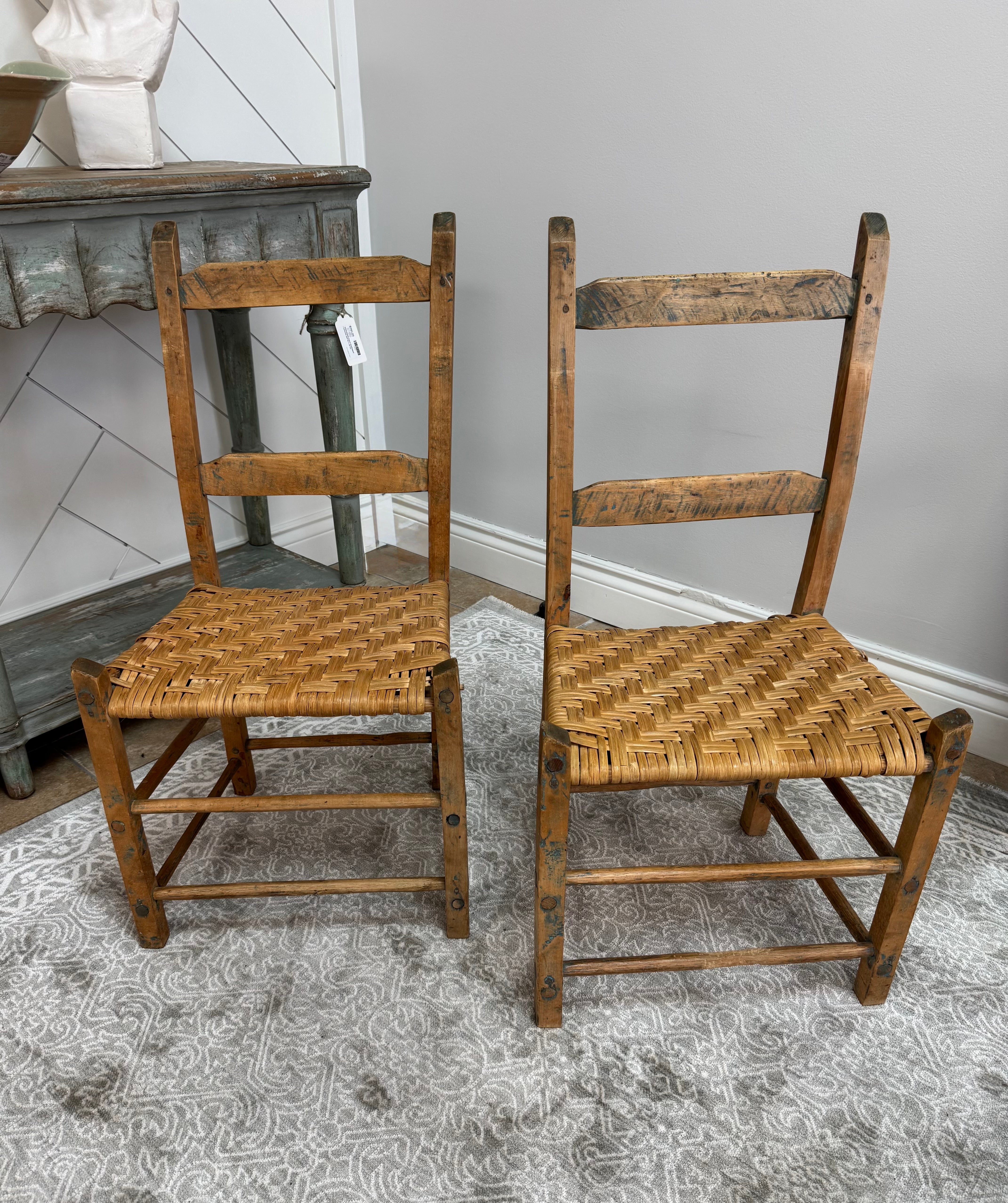 Rustic Ladder Back Chairs with Rattan Seats Set of 2