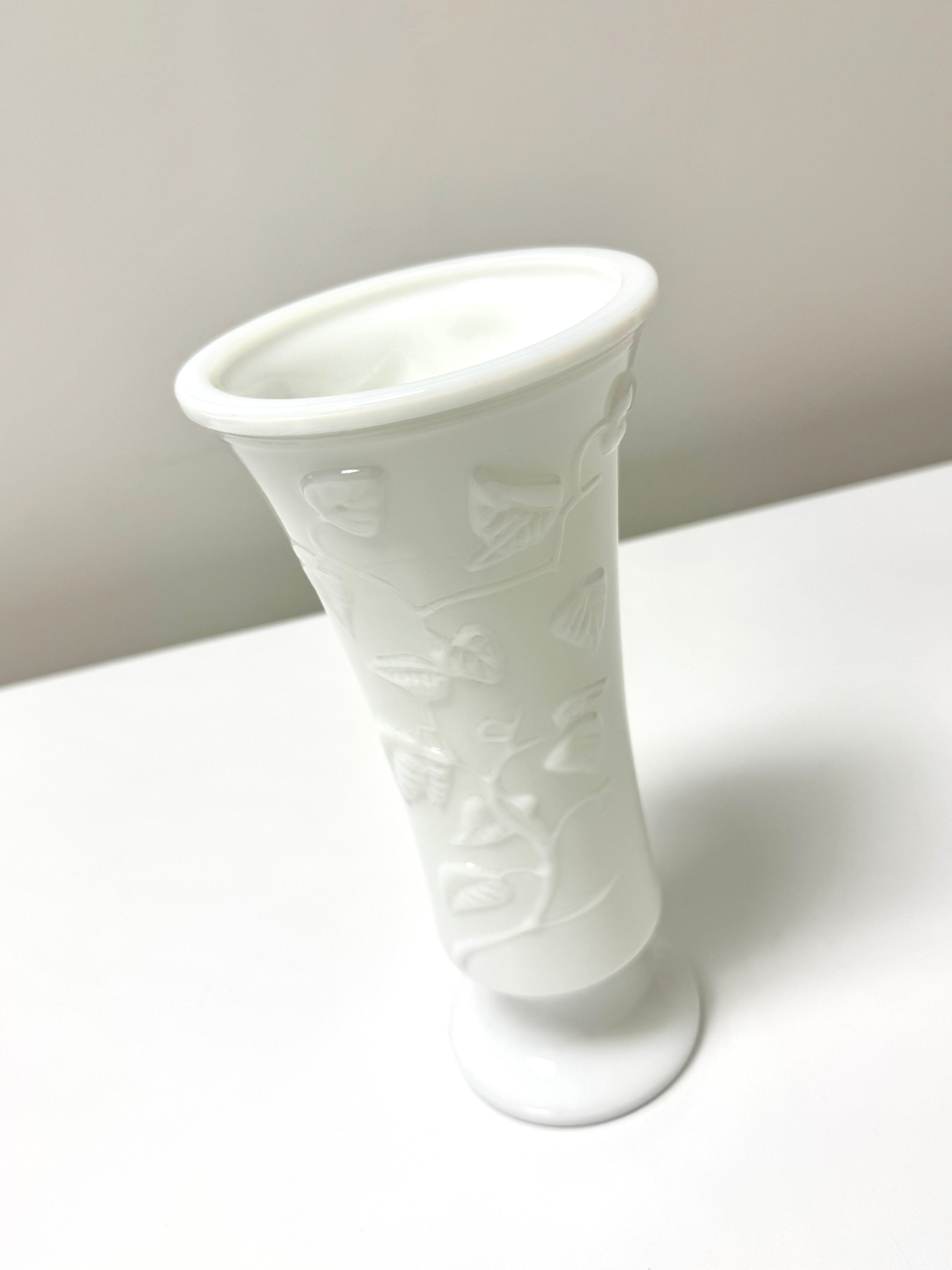 Vintage Embossed Ivy Milk Glass 9-1/2" Vase