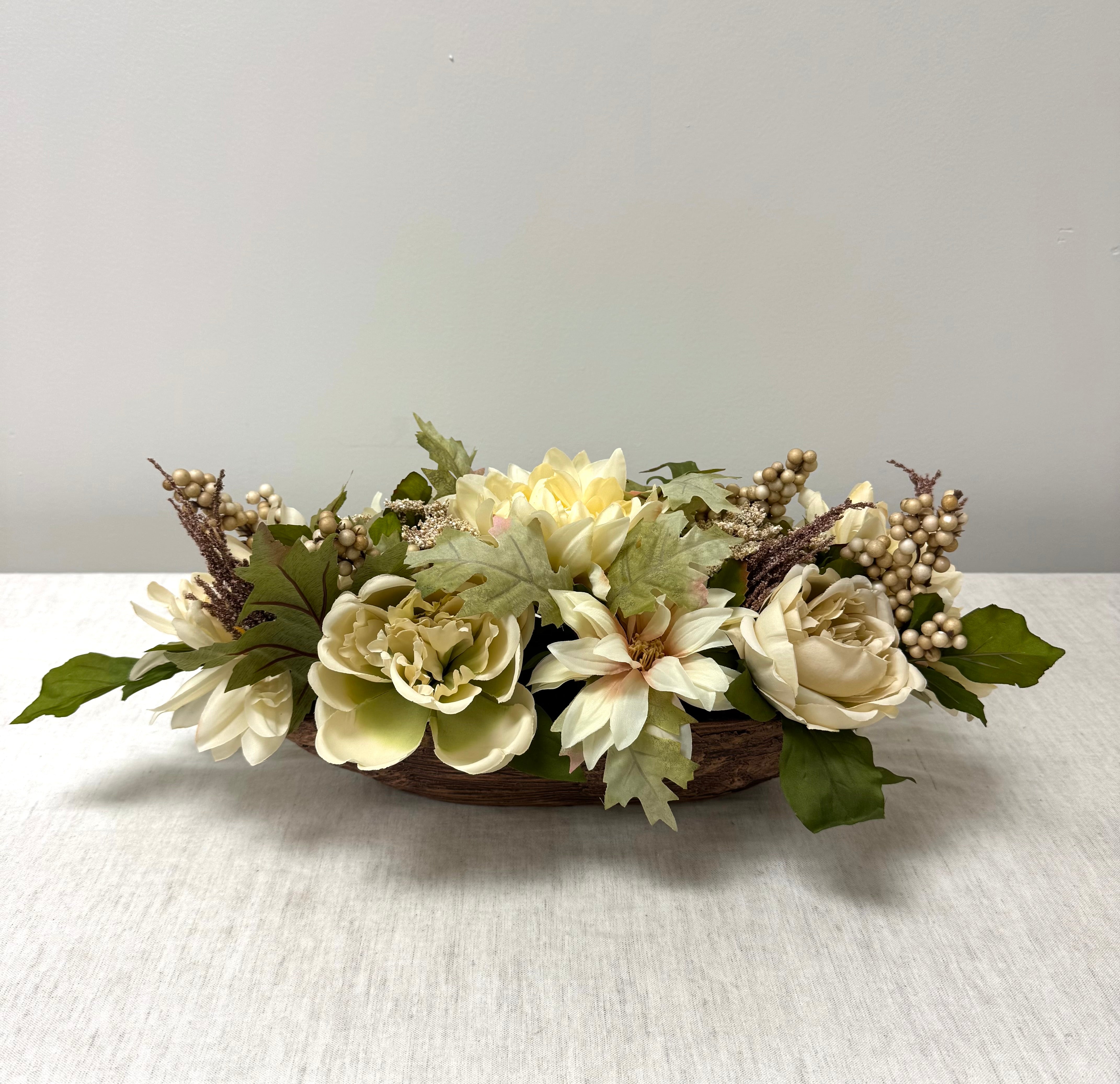 Cream Peonies & Foliage in Ceramic Wood Planter