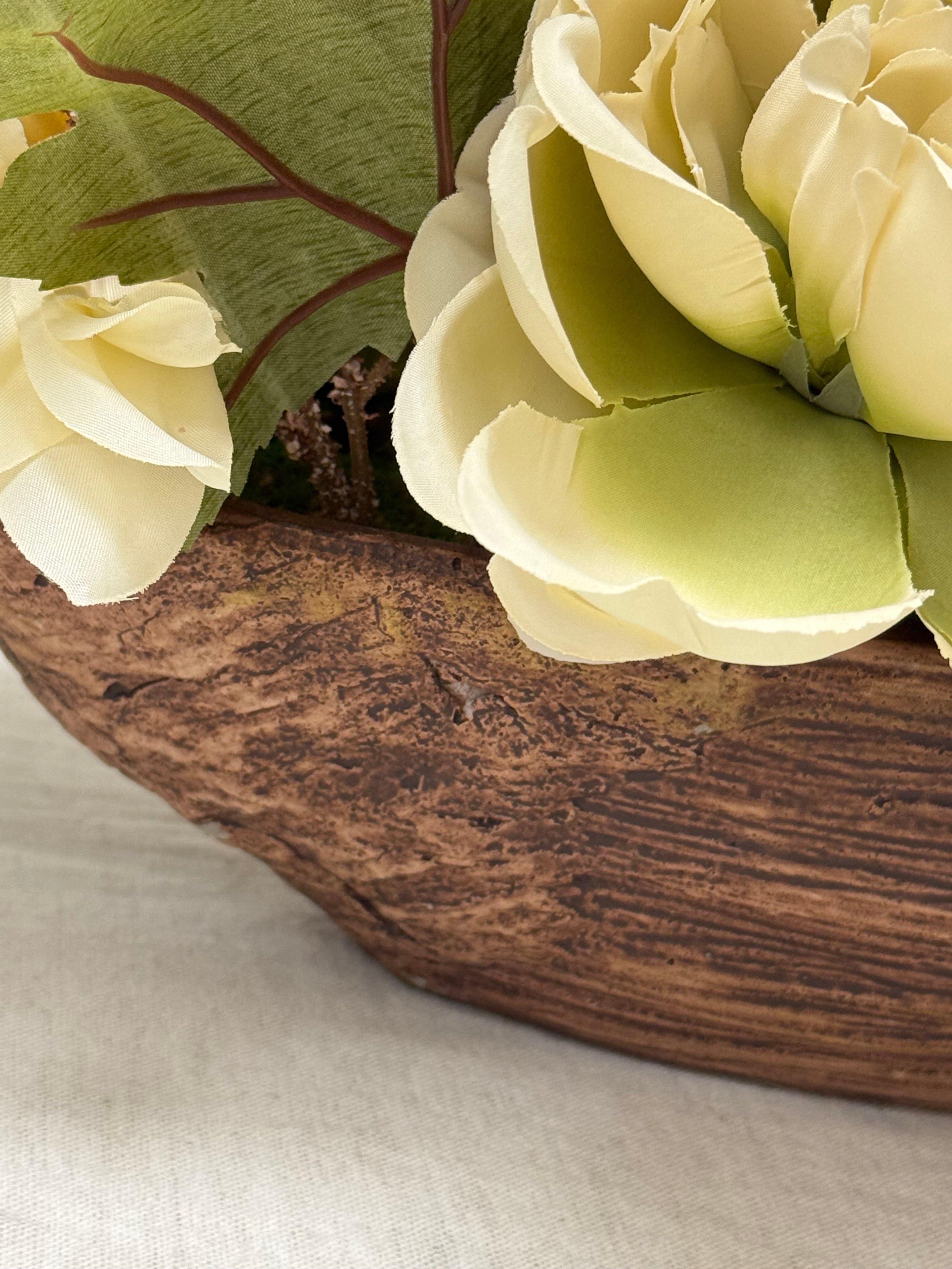 Cream Peonies & Foliage in Ceramic Wood Planter
