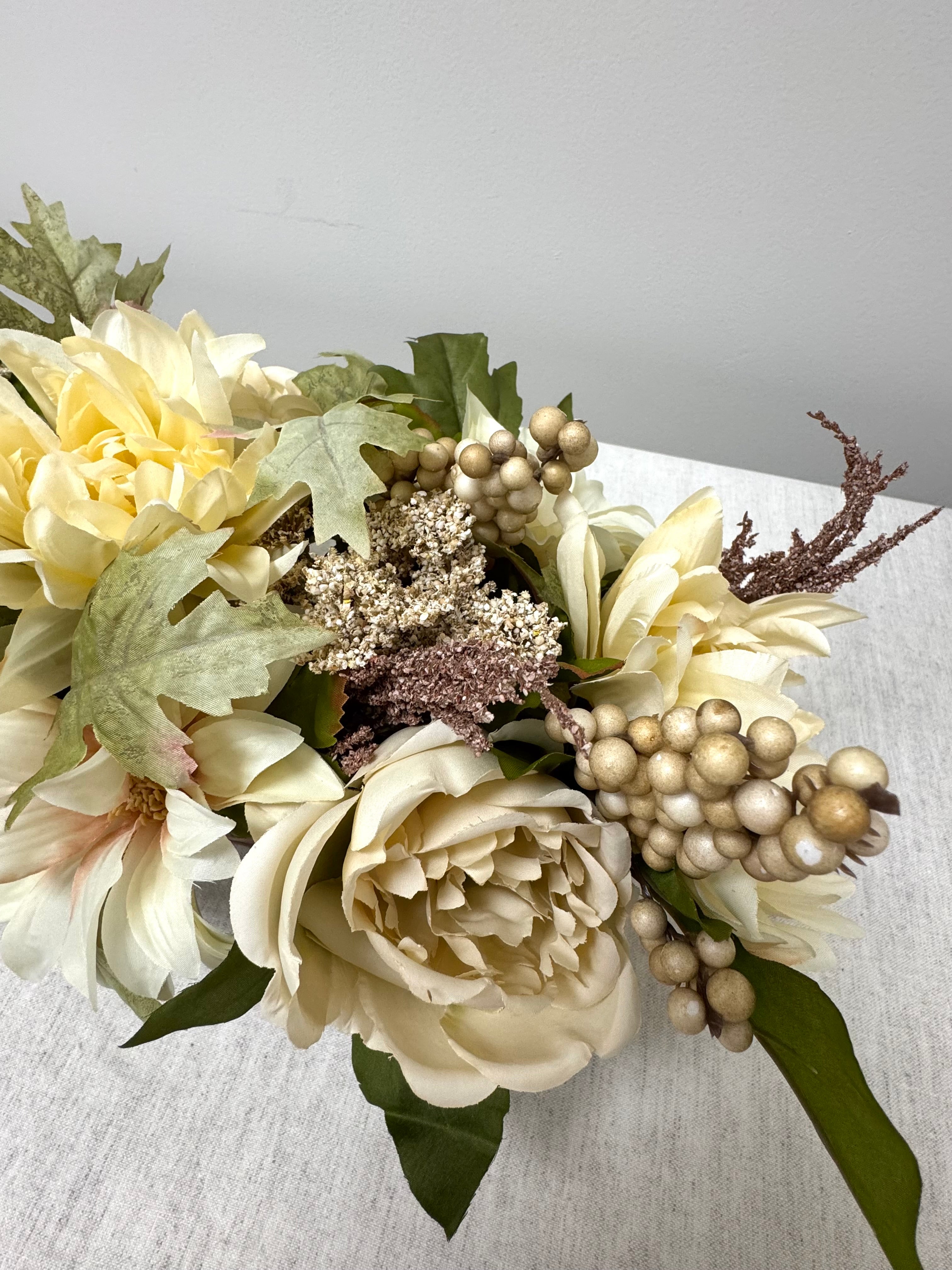 Cream Peonies & Foliage in Ceramic Wood Planter