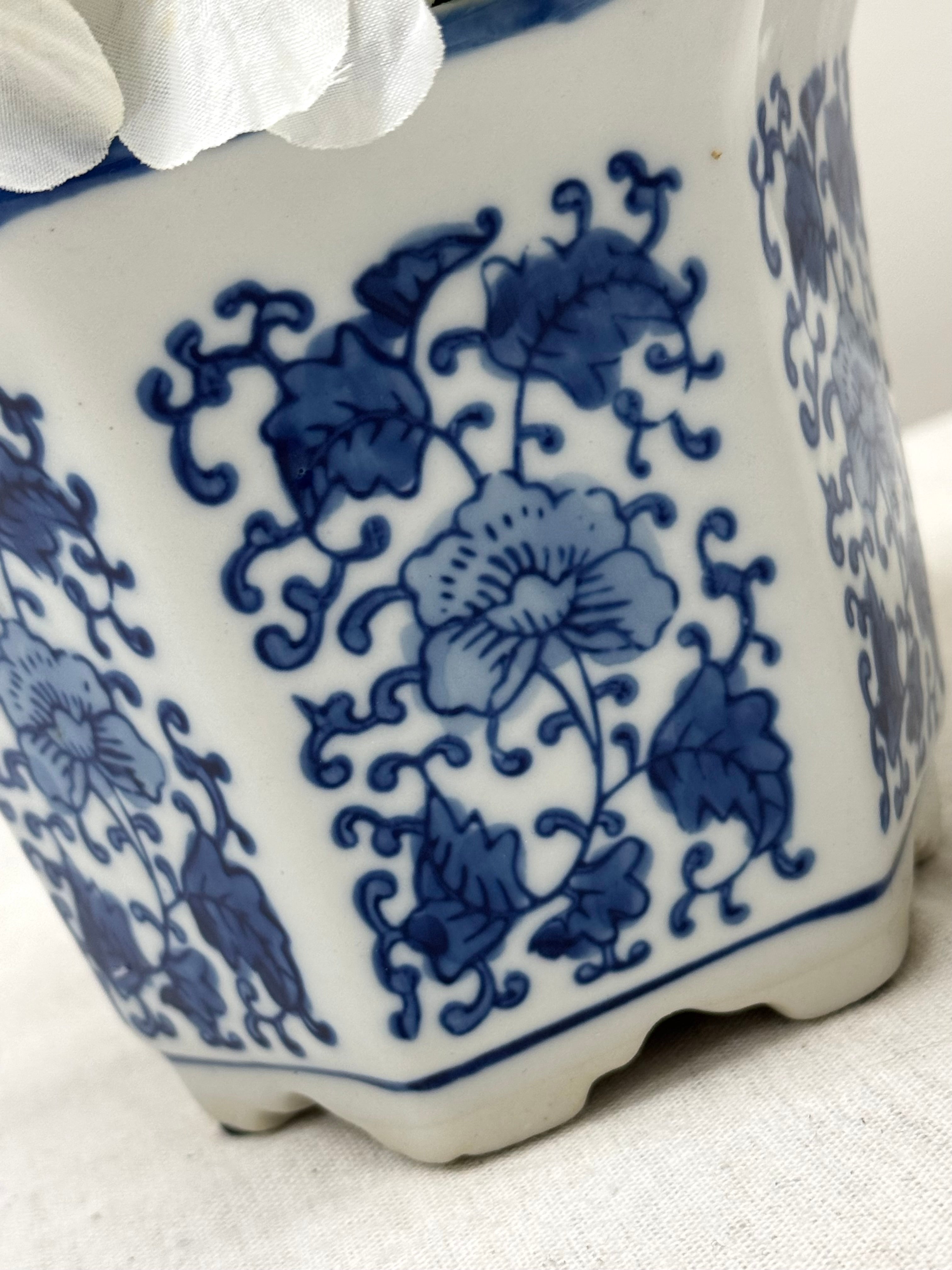 White Hydrangeas in Blue & White Pot