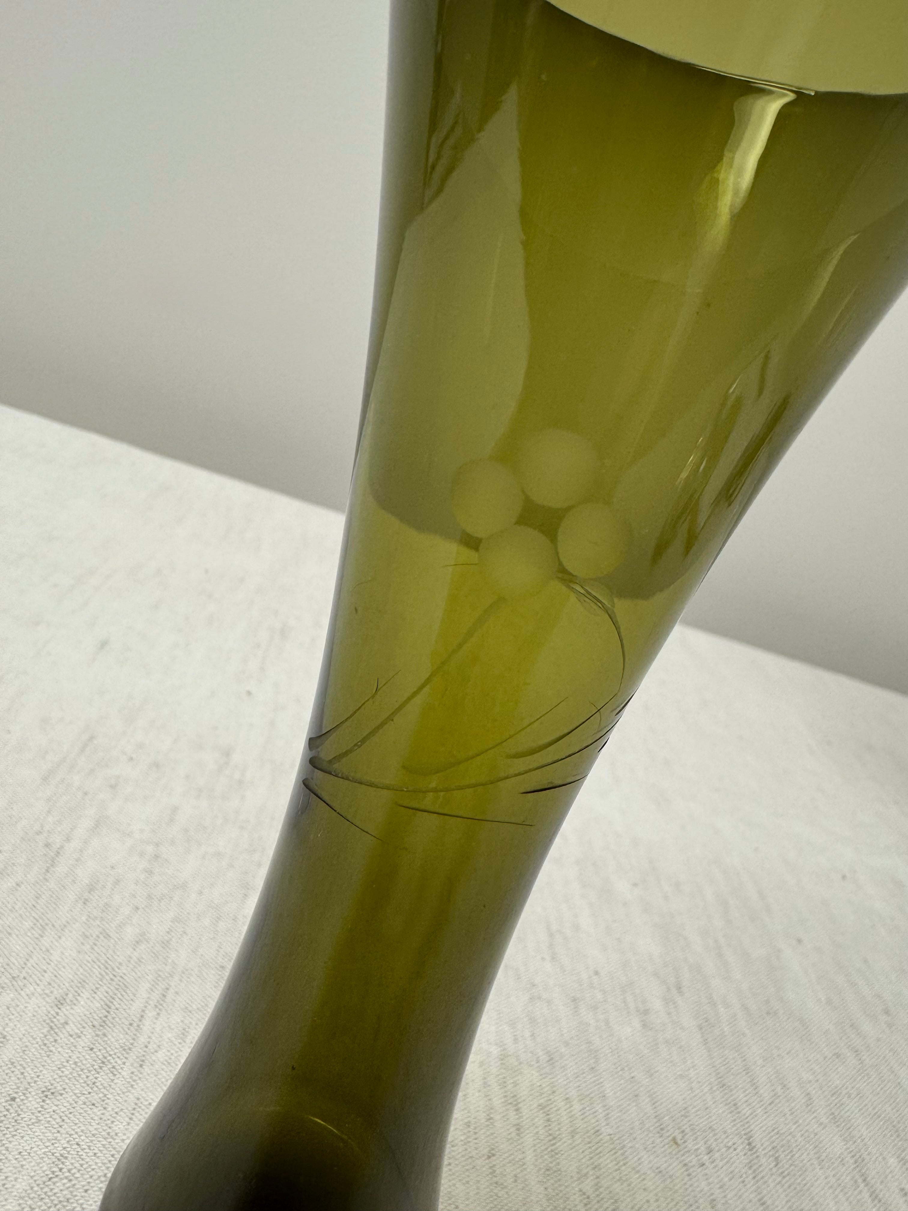 Vintage Smoked Olive Green Etched Bud Vase