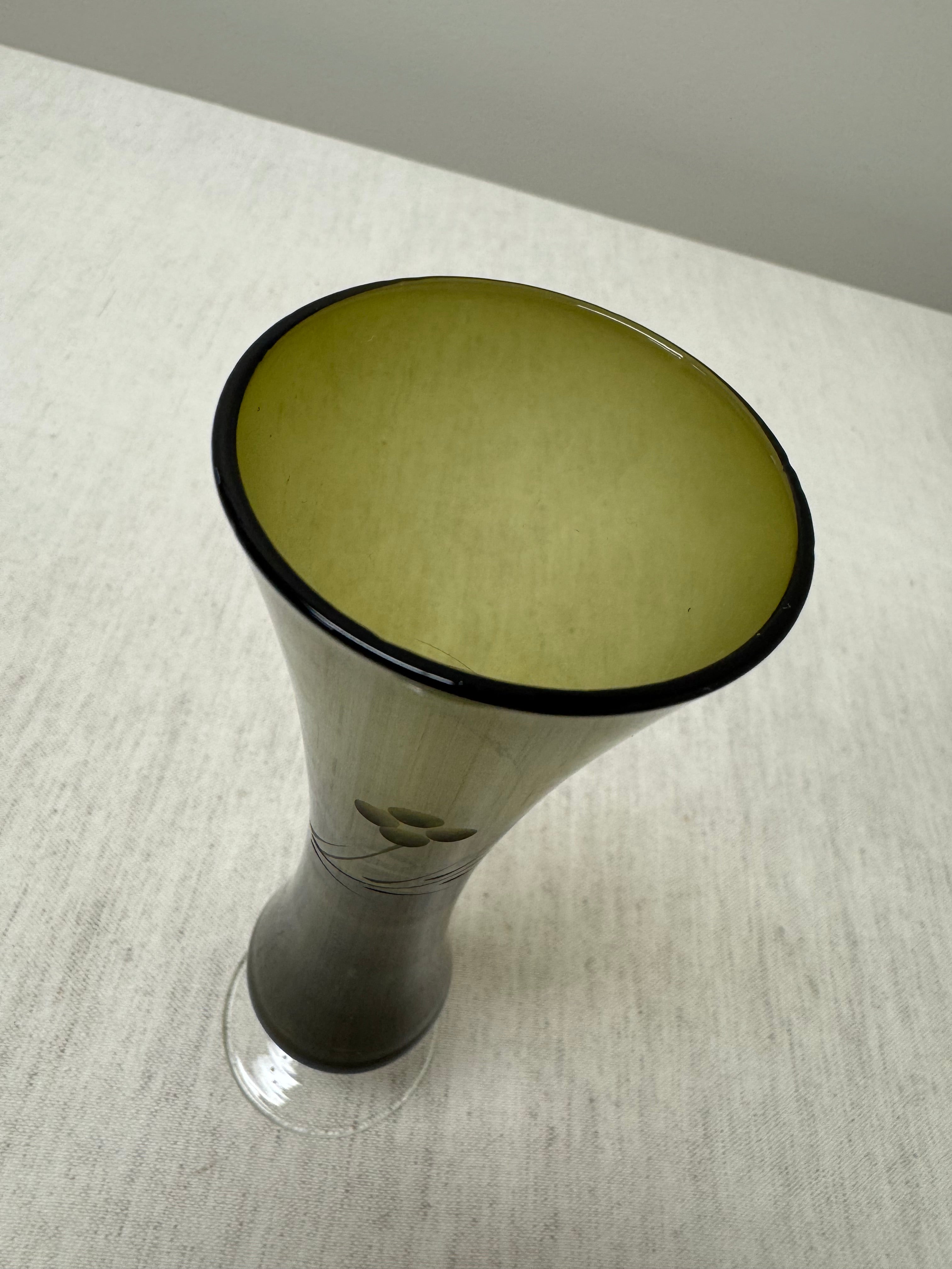 Vintage Smoked Olive Green Etched Bud Vase