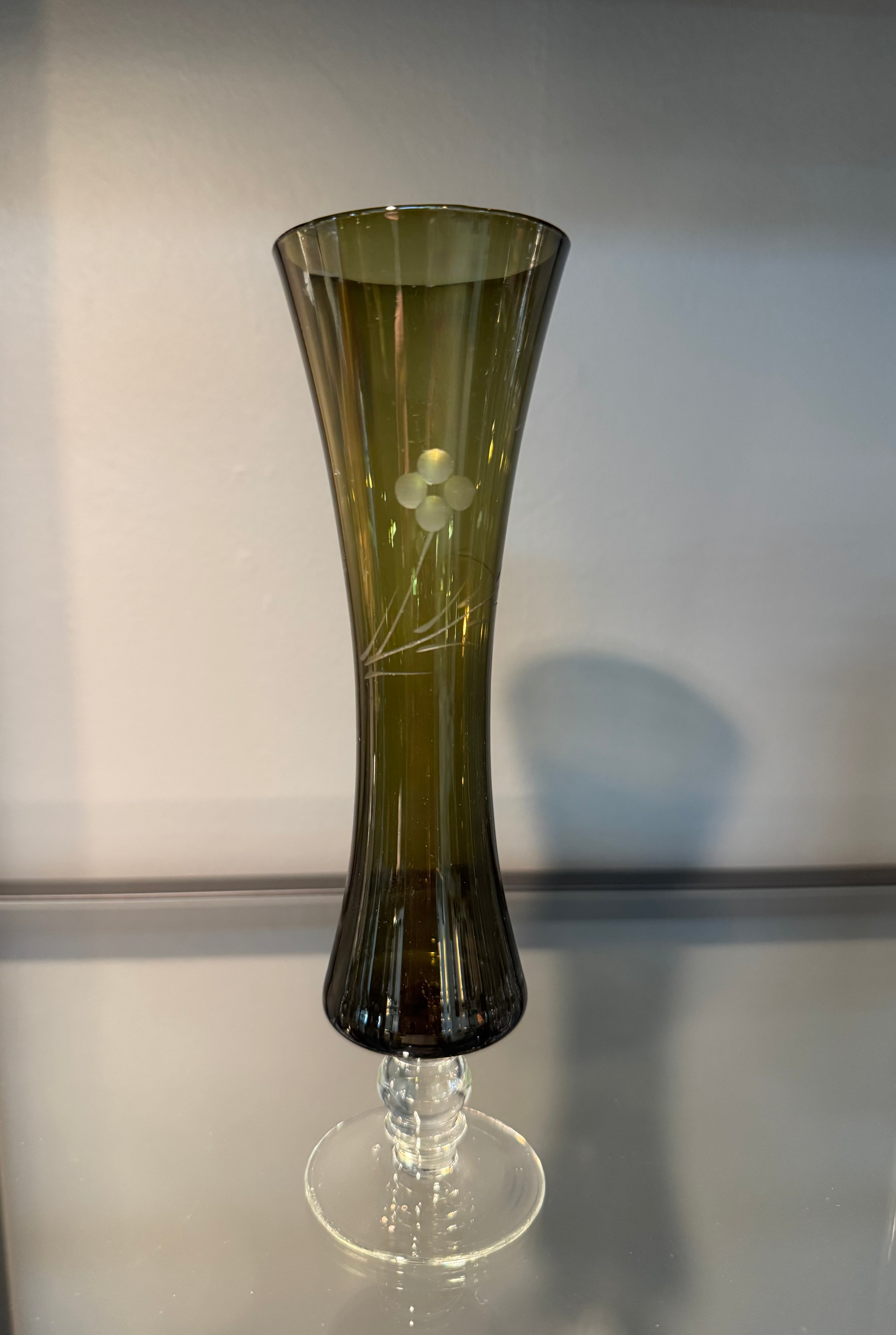 Vintage Smoked Olive Green Etched Bud Vase