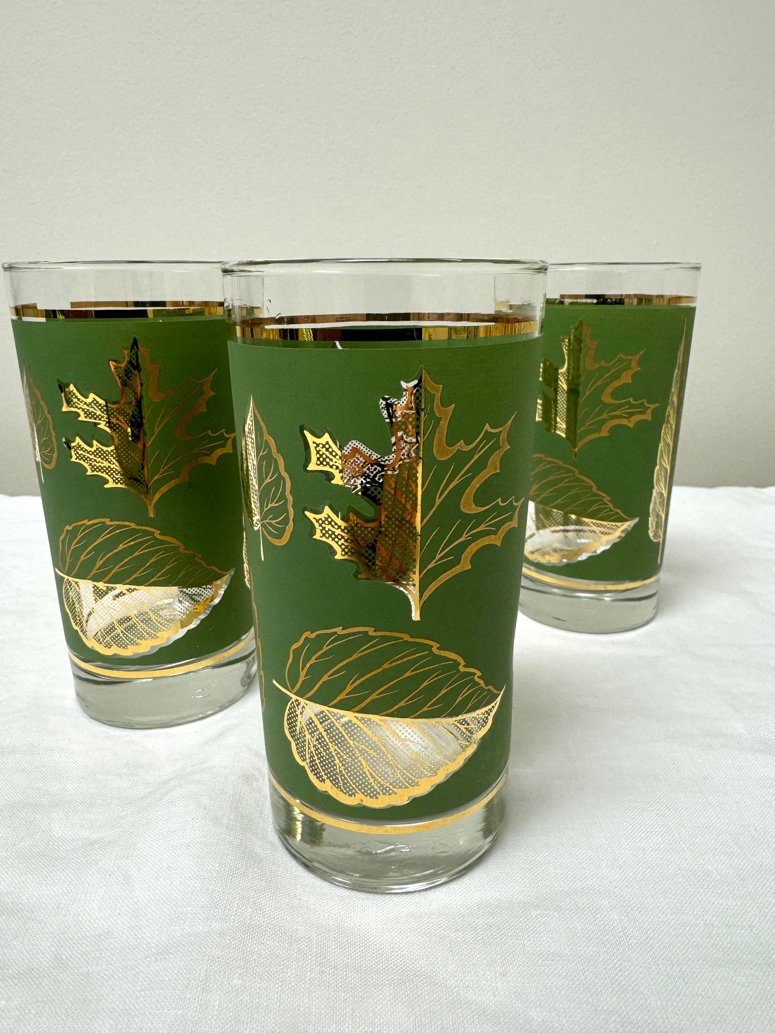 Vintage JEANETTE Green Leaf High Balls Set of 3