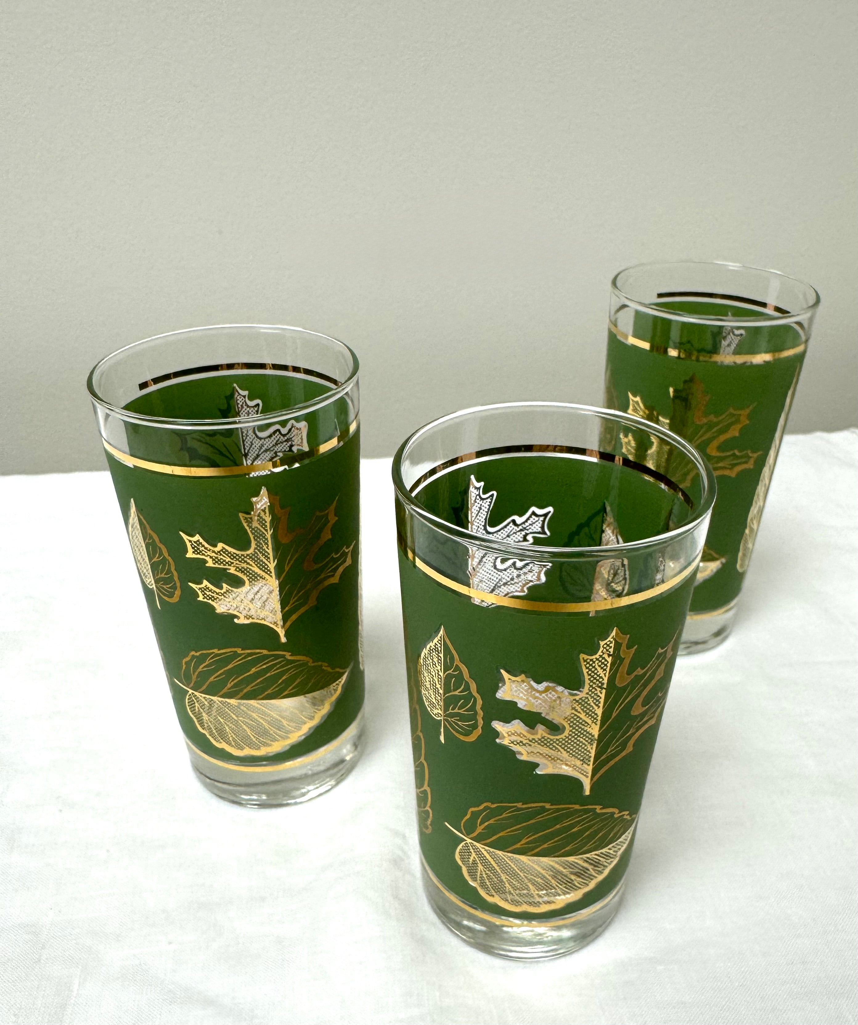 Vintage JEANETTE Green Leaf High Balls Set of 3