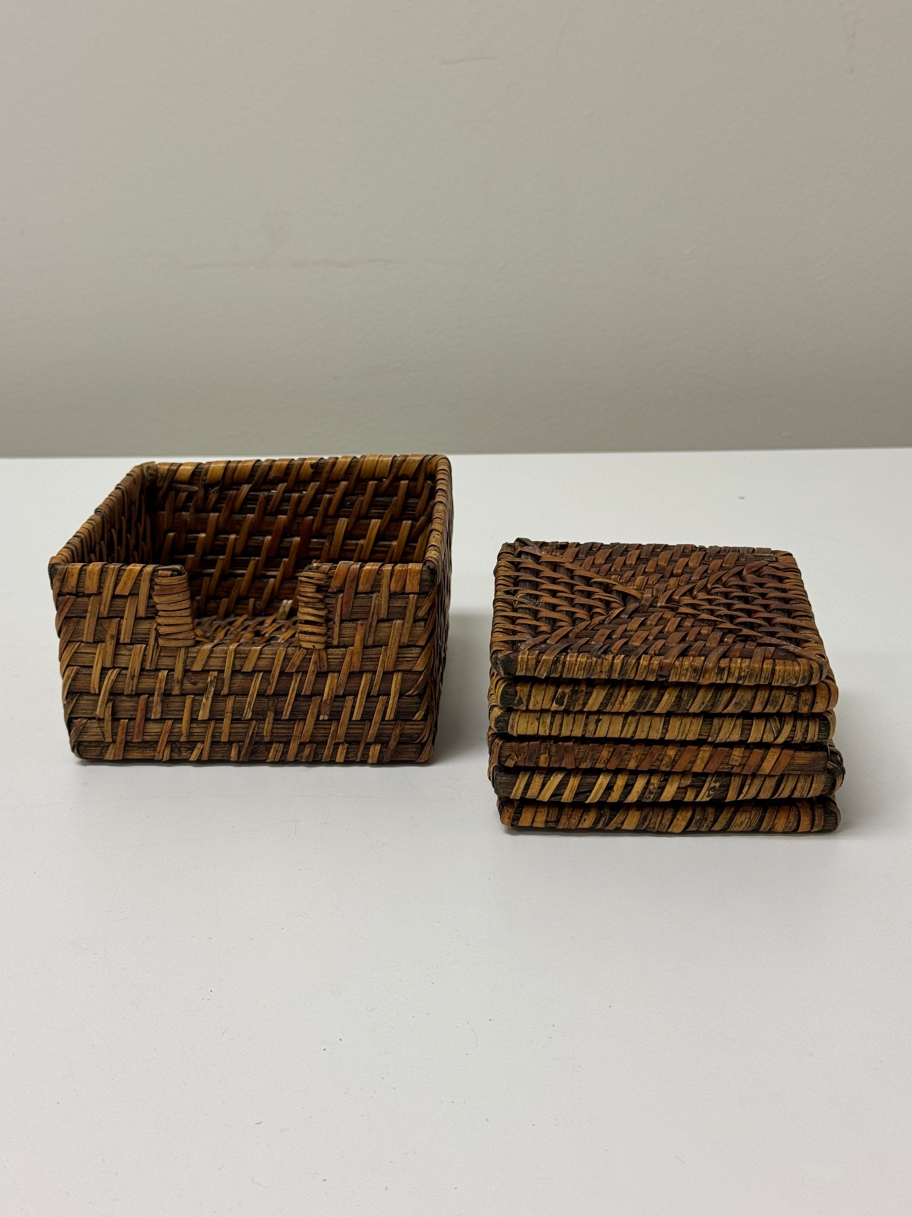 Rattan Coasters with Caddy Set of 6
