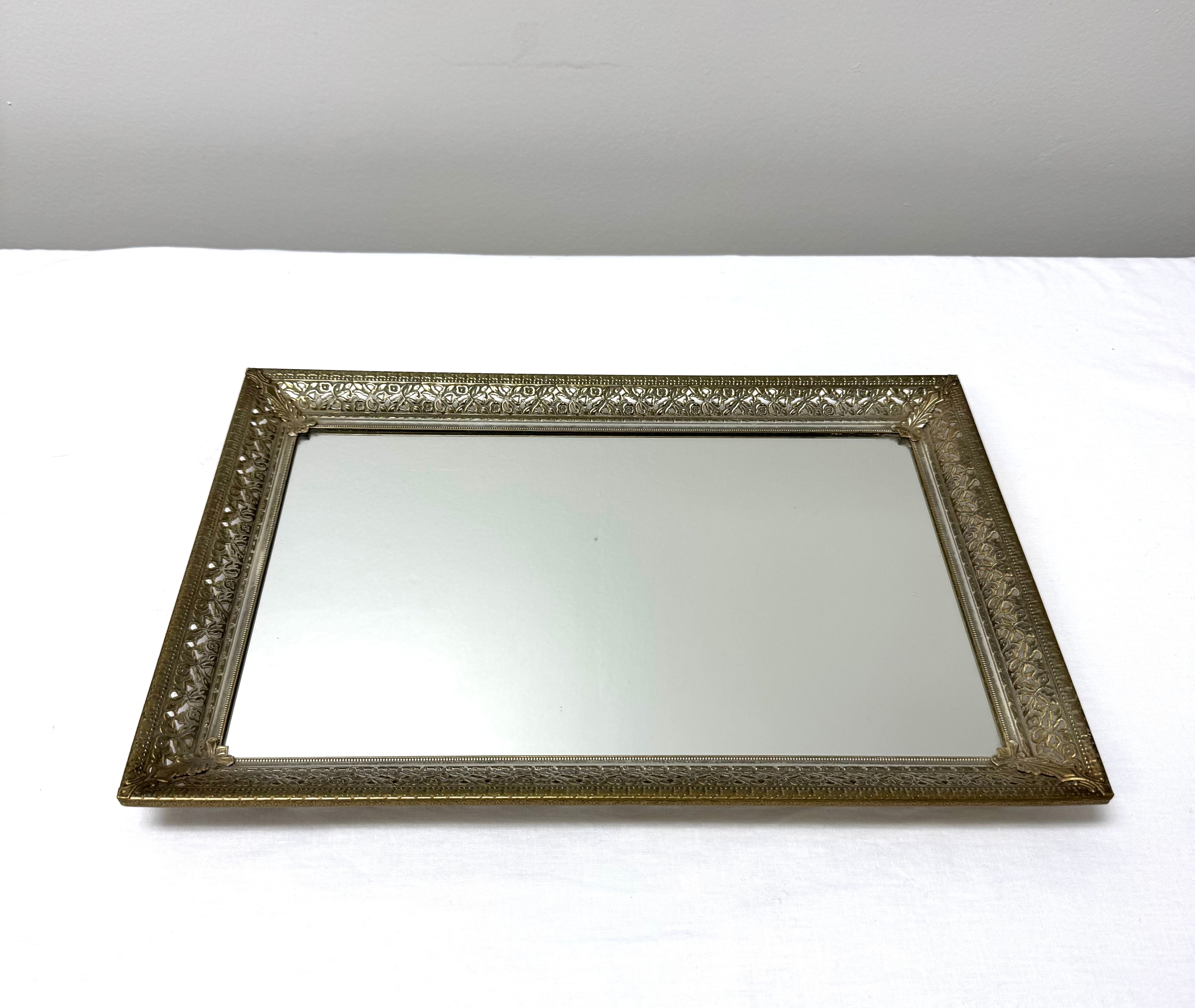 Vintage Pierced Metal Mirrored Tray
