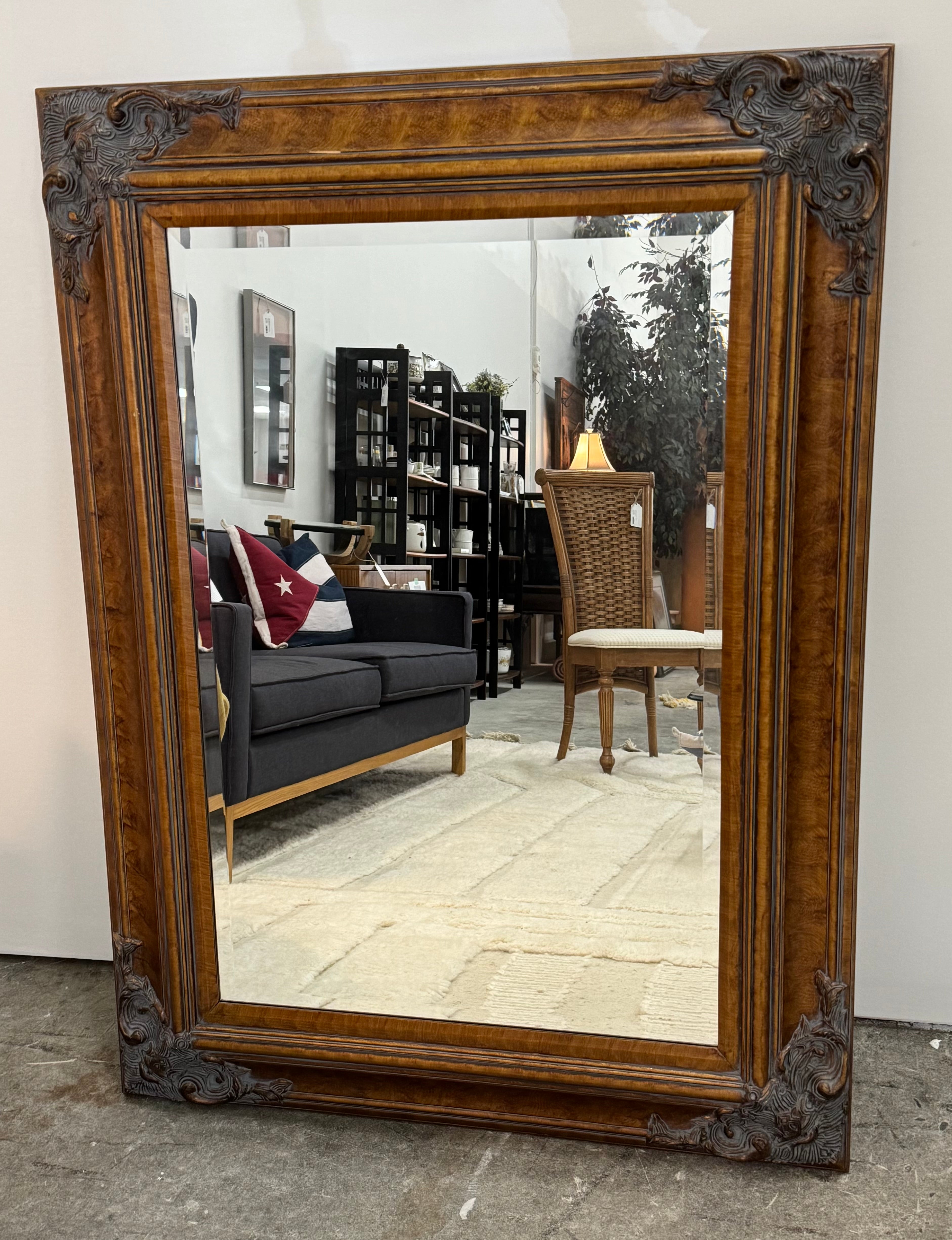 Burled Wood Mirror with Ornate Detail