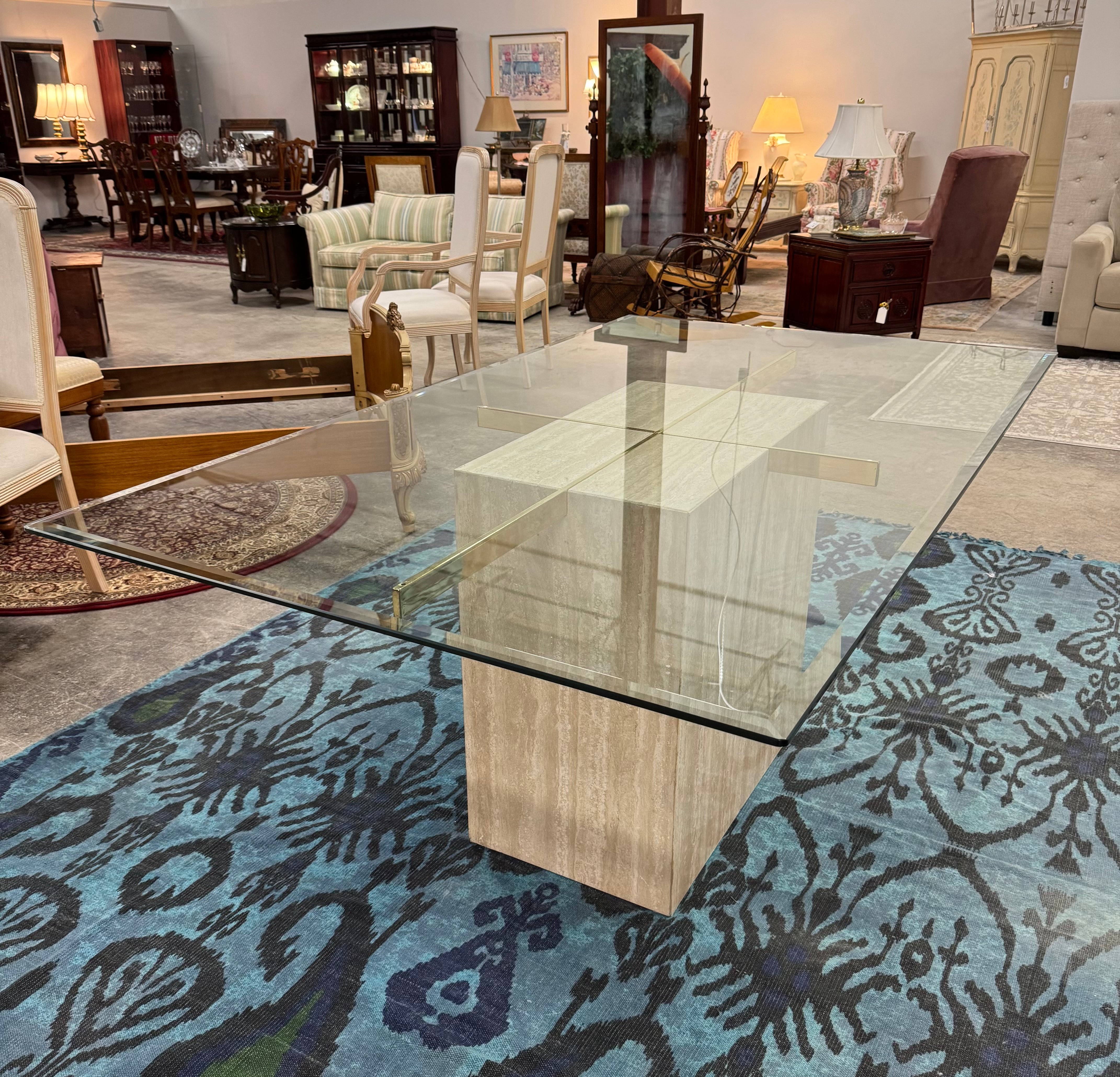 Beige Travertine Glass-top Dining Table