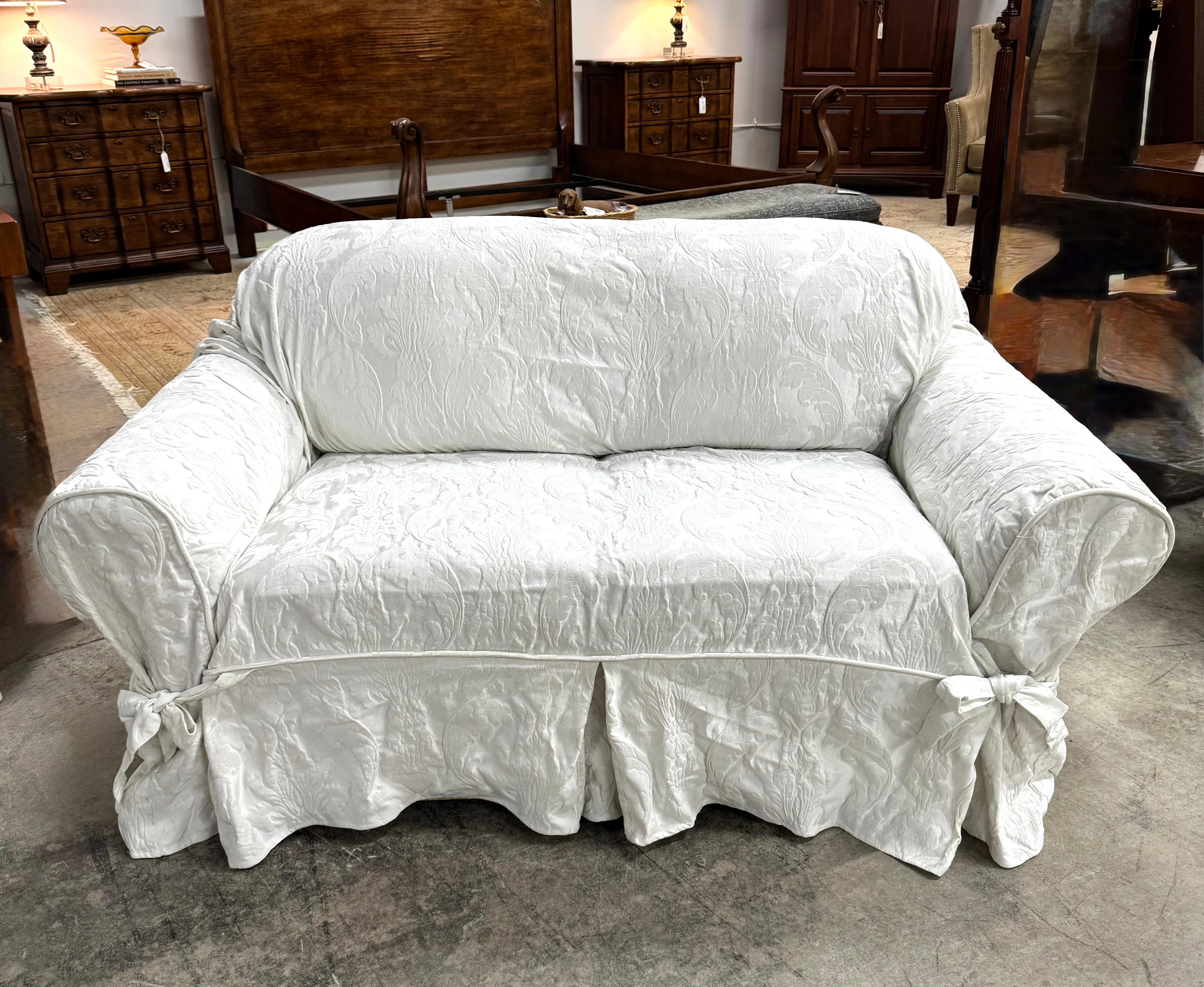 White Damask Slipcovered Loveseat