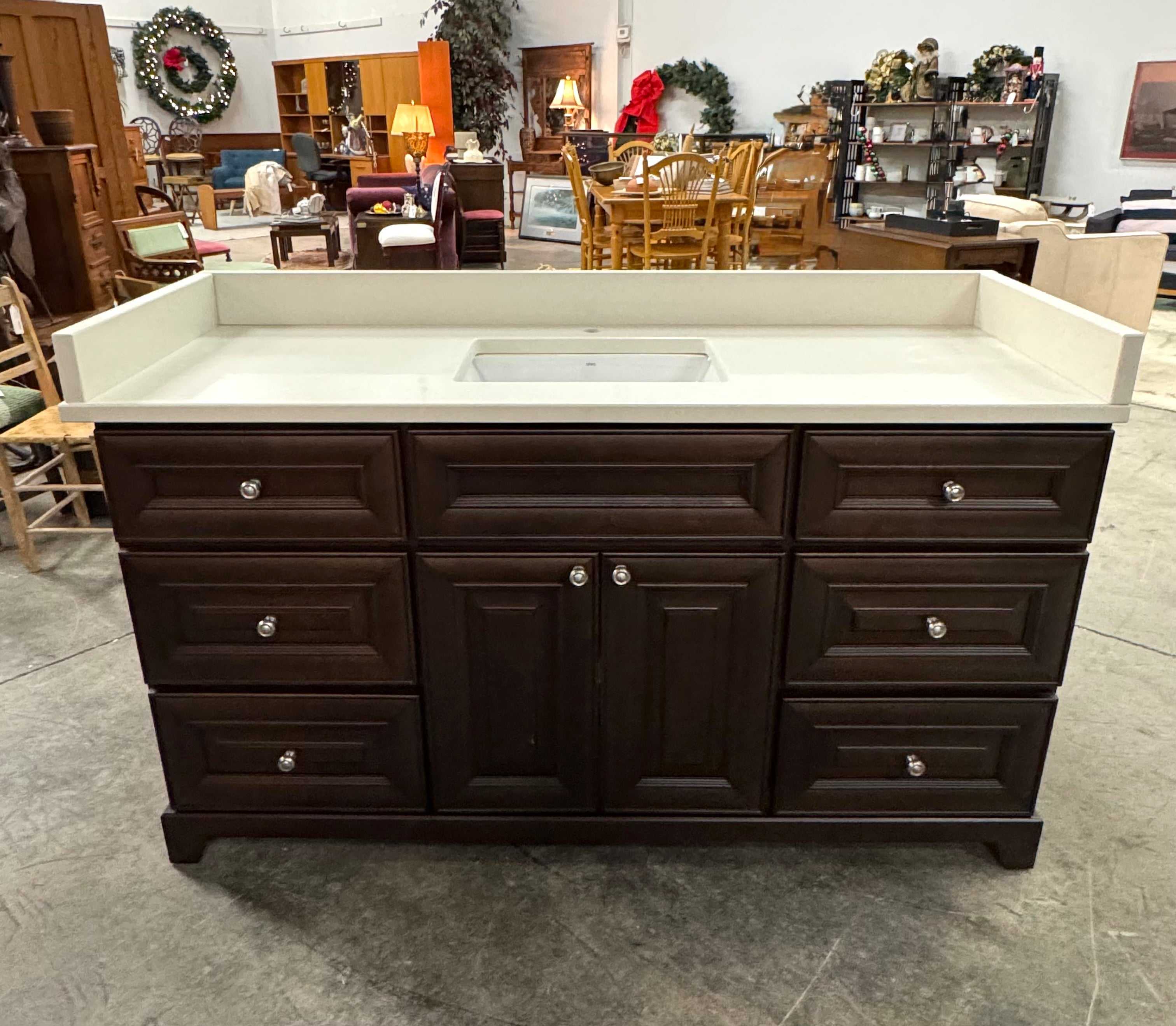 Dark Brown 61-1/2" Bath Vanity with Cream Quartz Top