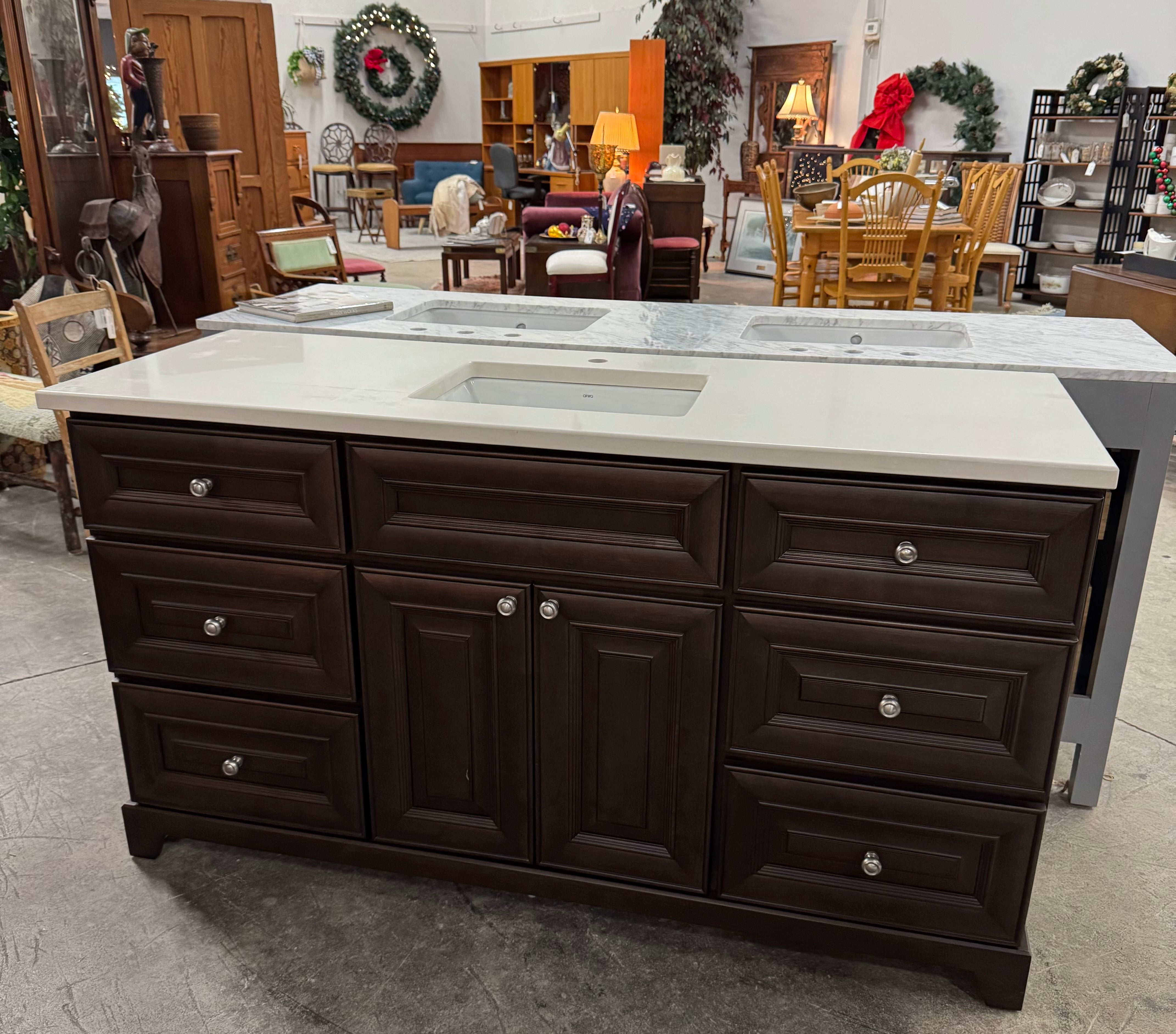 Dark Brown 61-1/2" Bath Vanity with Cream Quartz Top