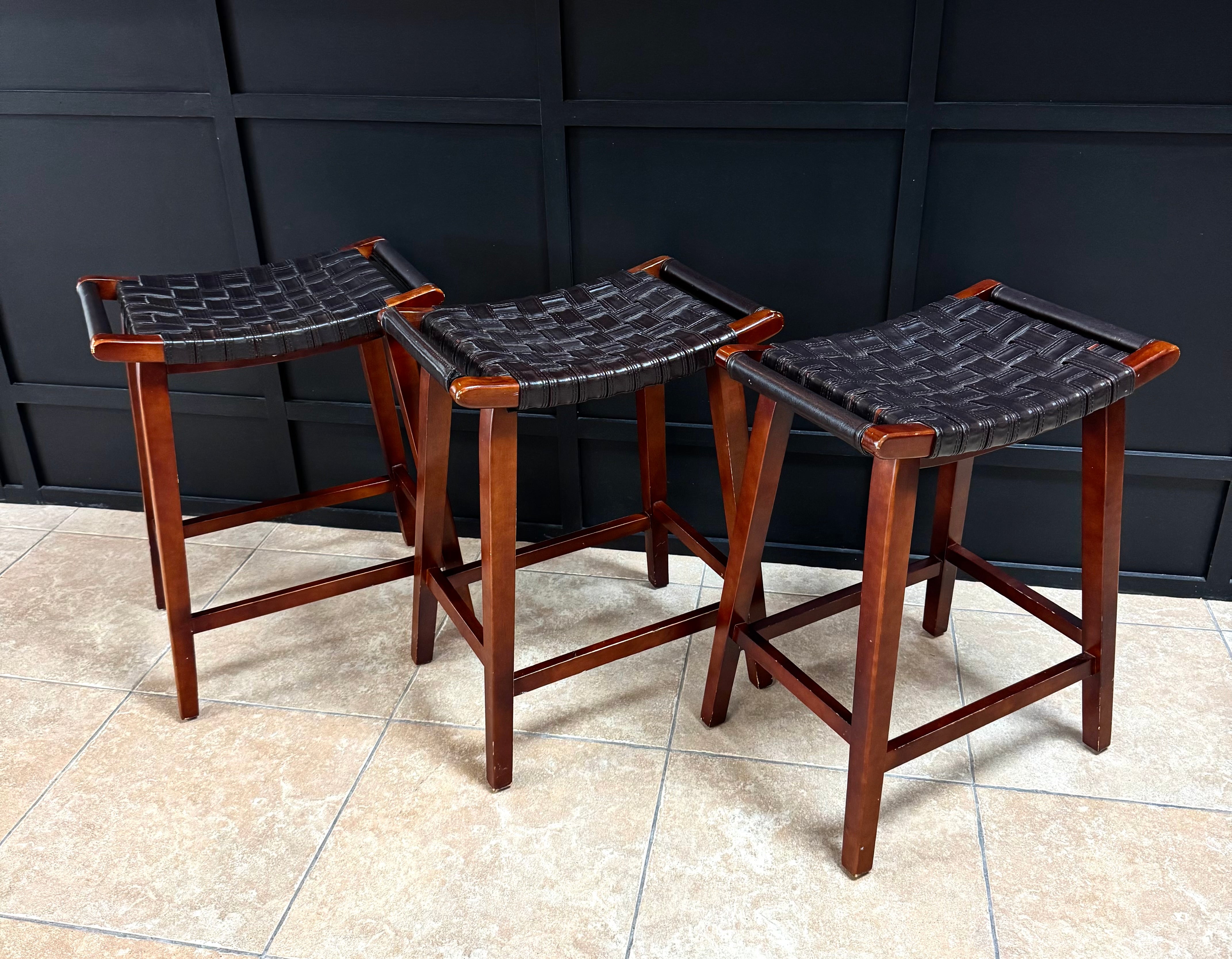 PIER 1 Black Leather Saddle Seat Counter Stools Set of 3