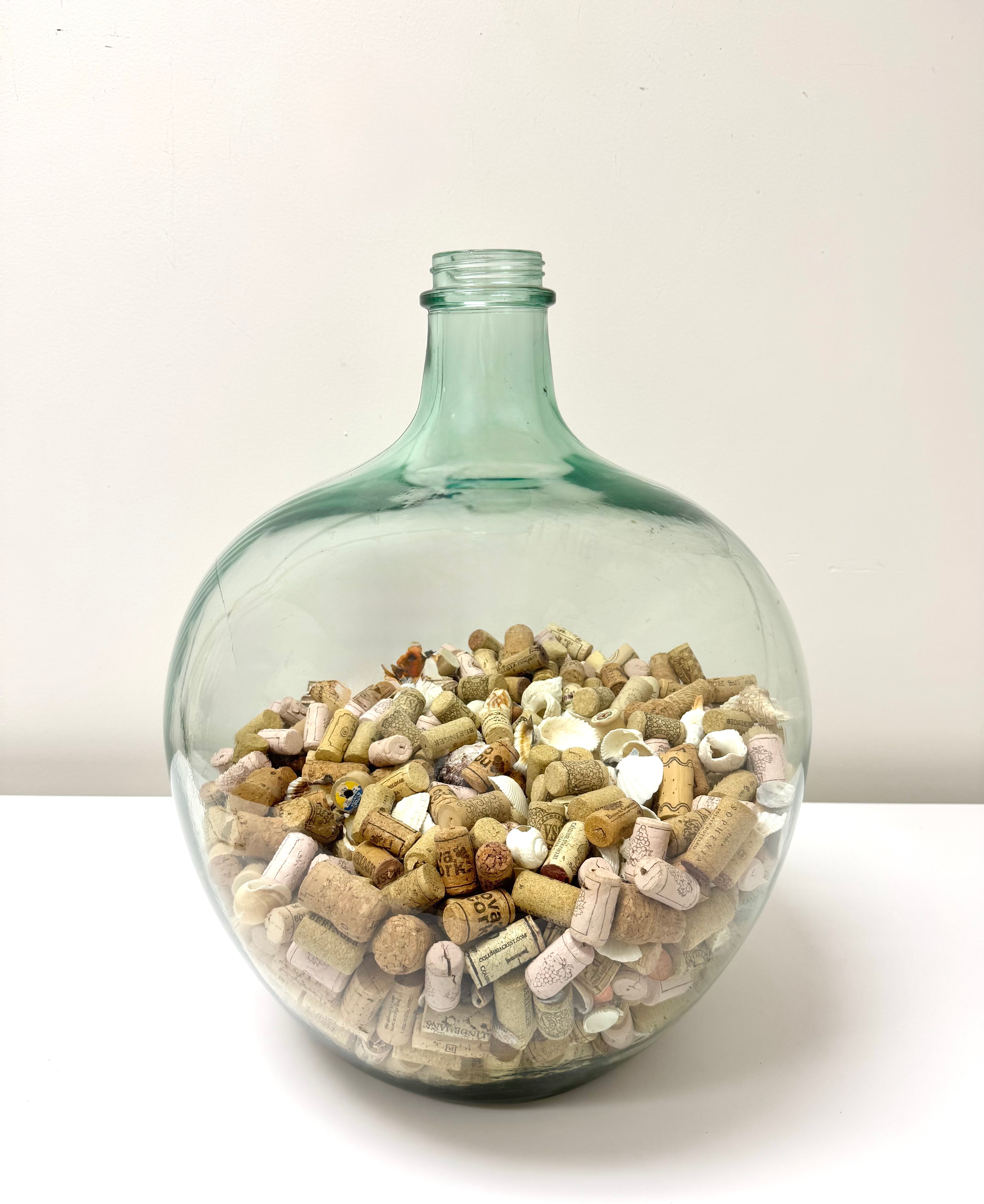 Vintage Glass Demijohn Bottle with Corks & Shells