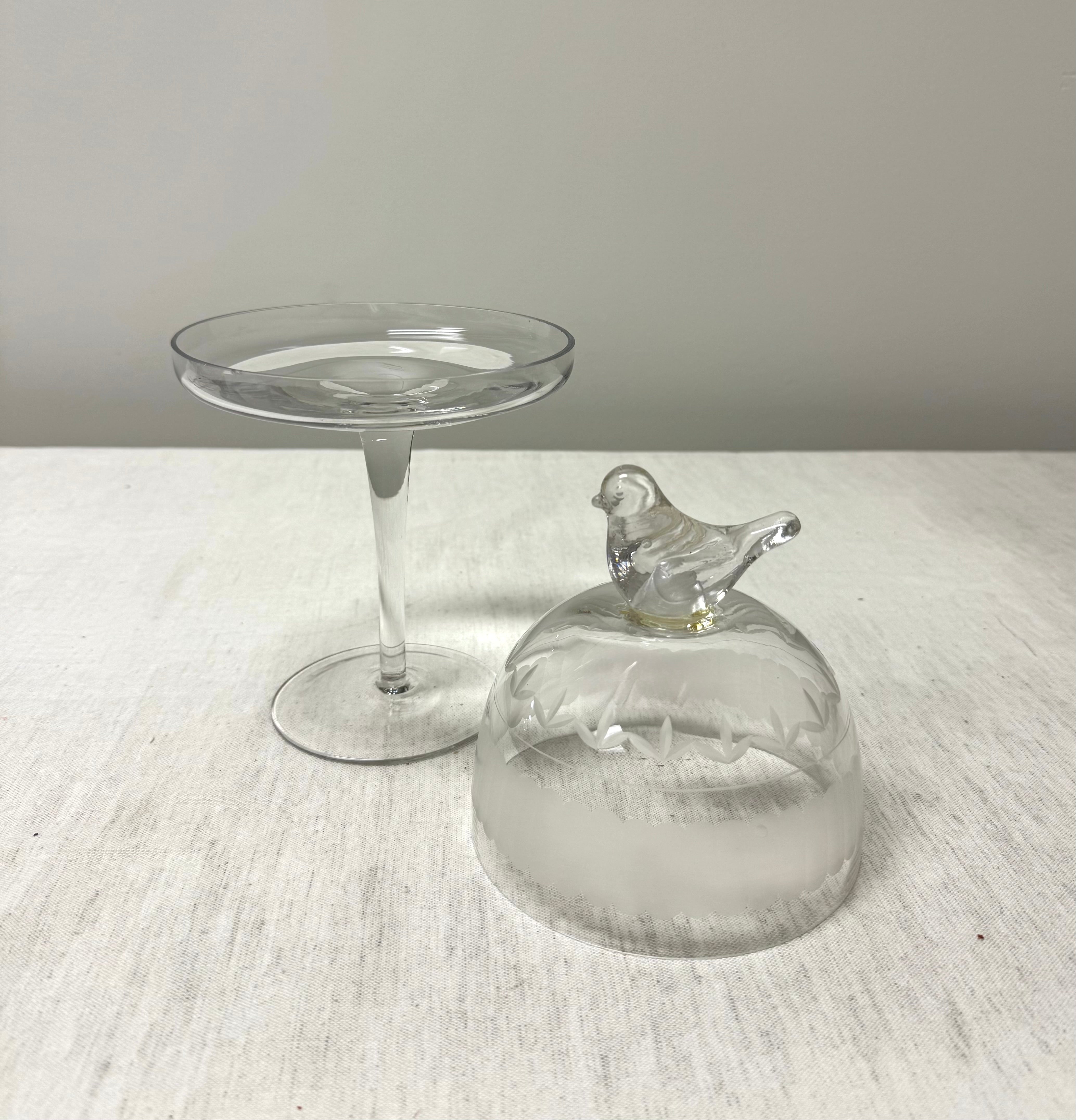 Footed Glass Cloche with Bird Handle