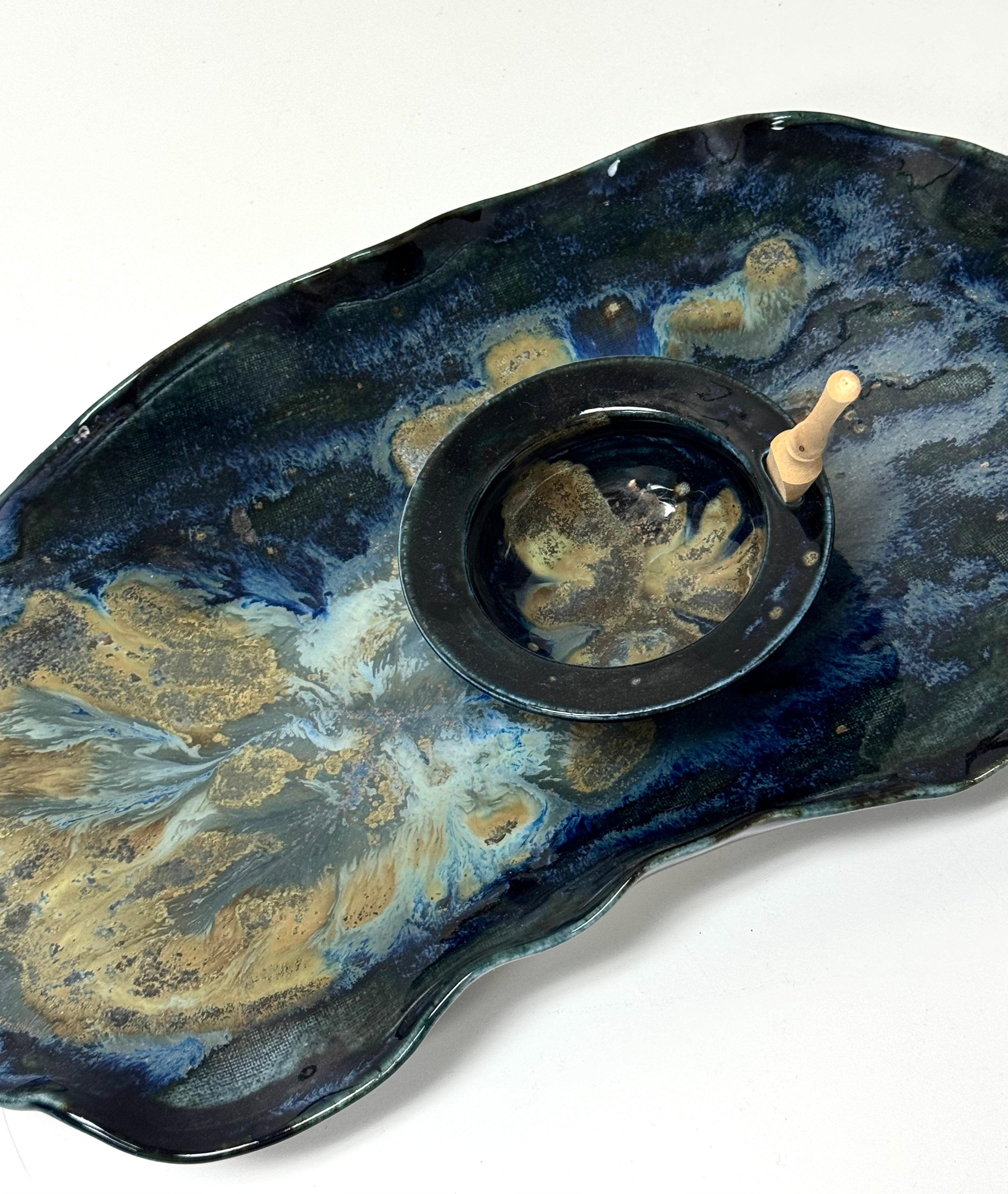 Hand-glazed Blue Ceramic Platter with Dip Bowl