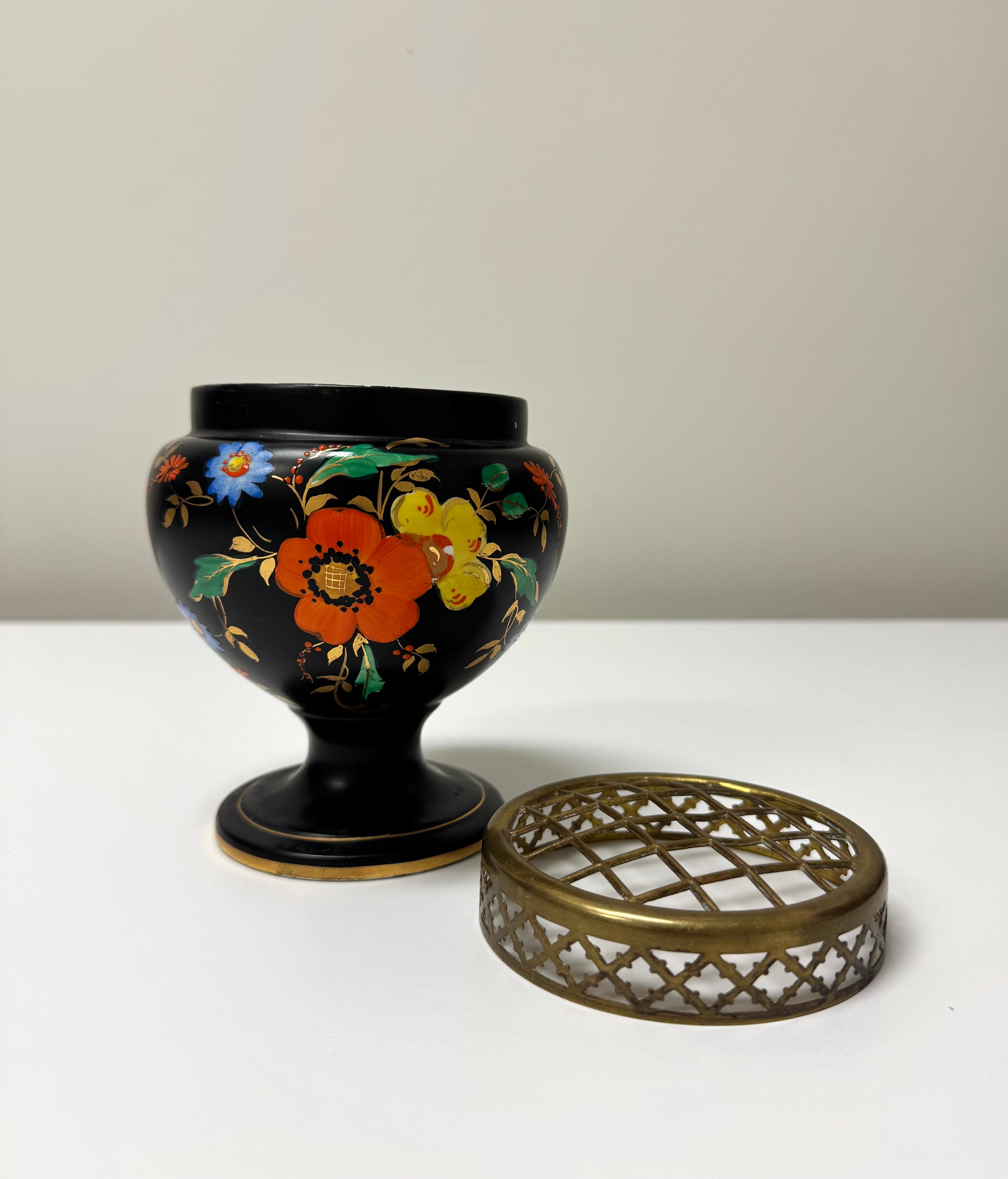 Vintage Matte Black Floral Vase with Brass Frog