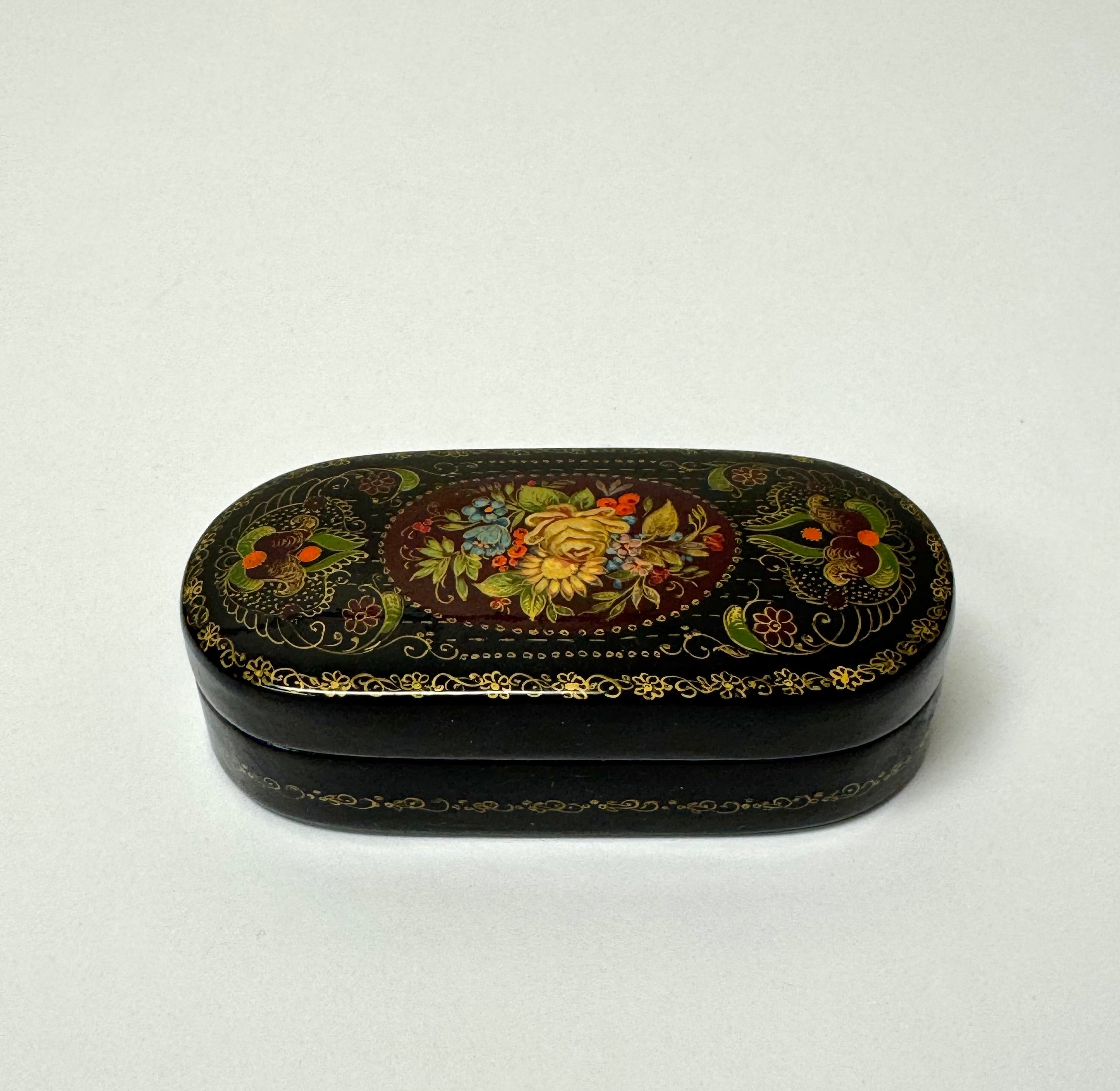 Hand-painted Black Lacquer Floral Trinket Box