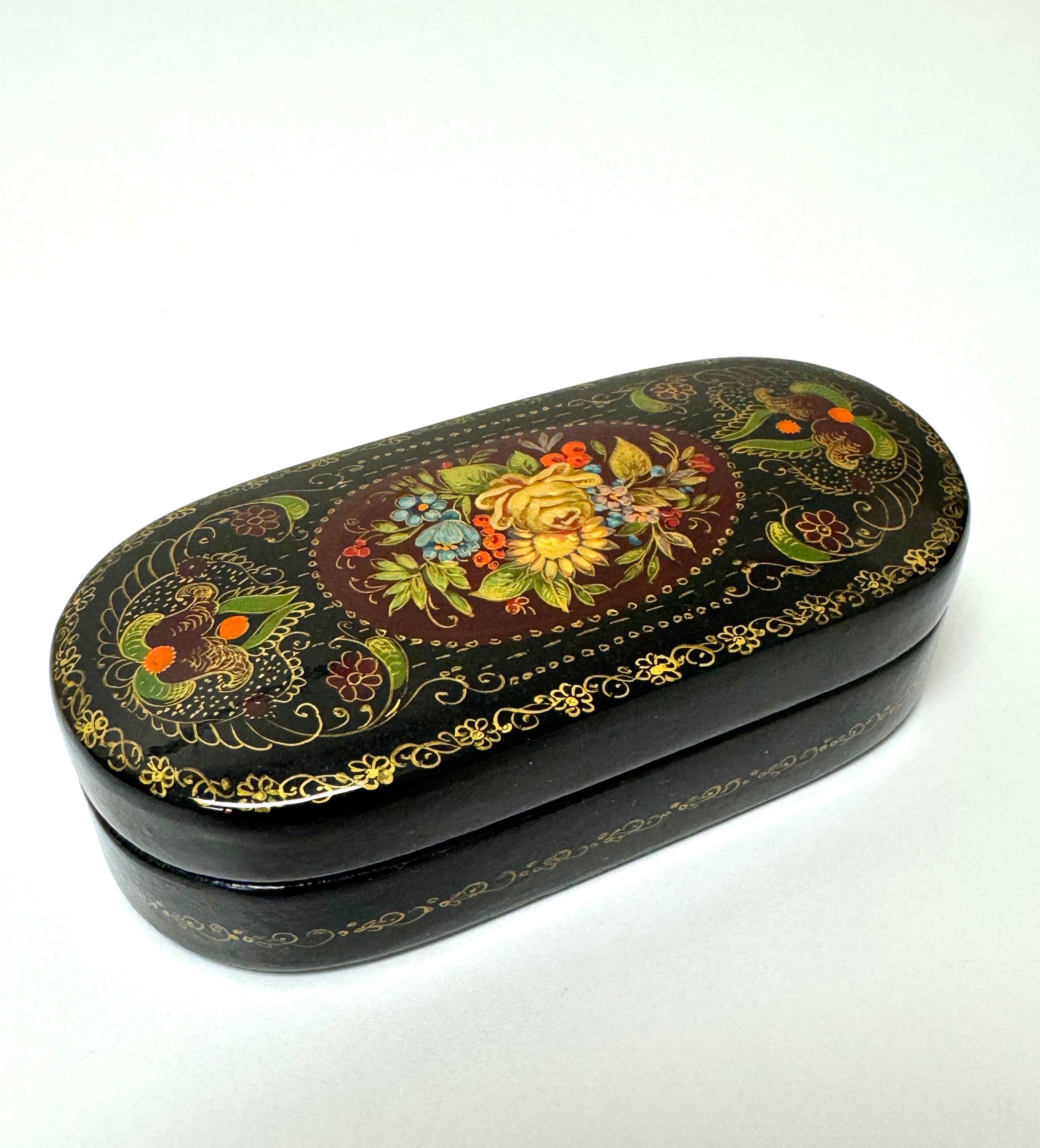 Hand-painted Black Lacquer Floral Trinket Box