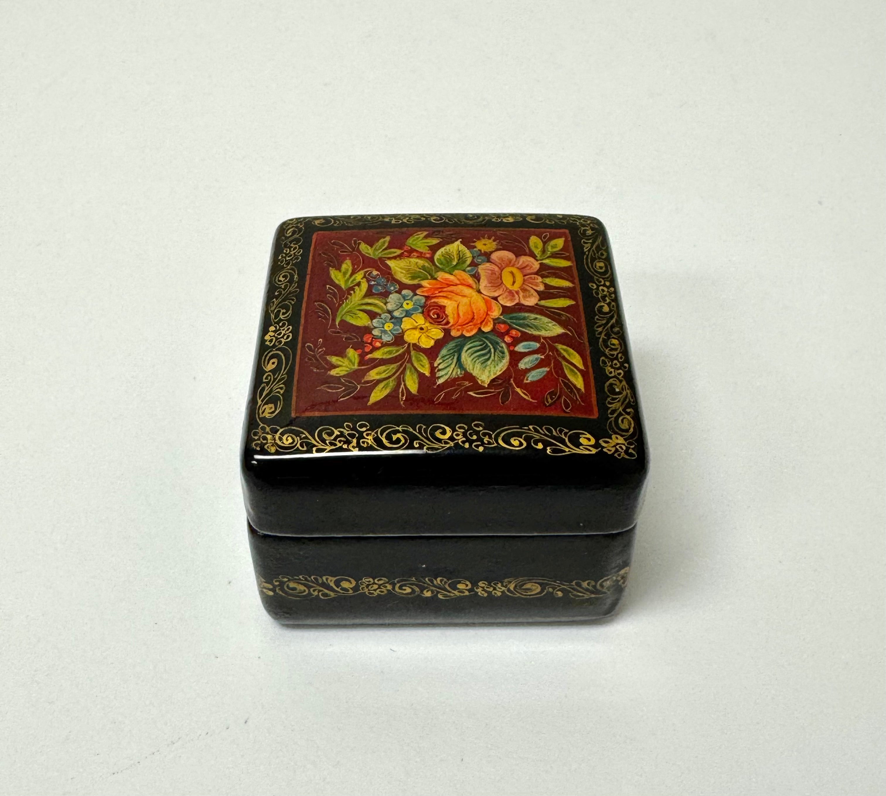 Hand-painted Black Lacquer Floral Square Trinket Box